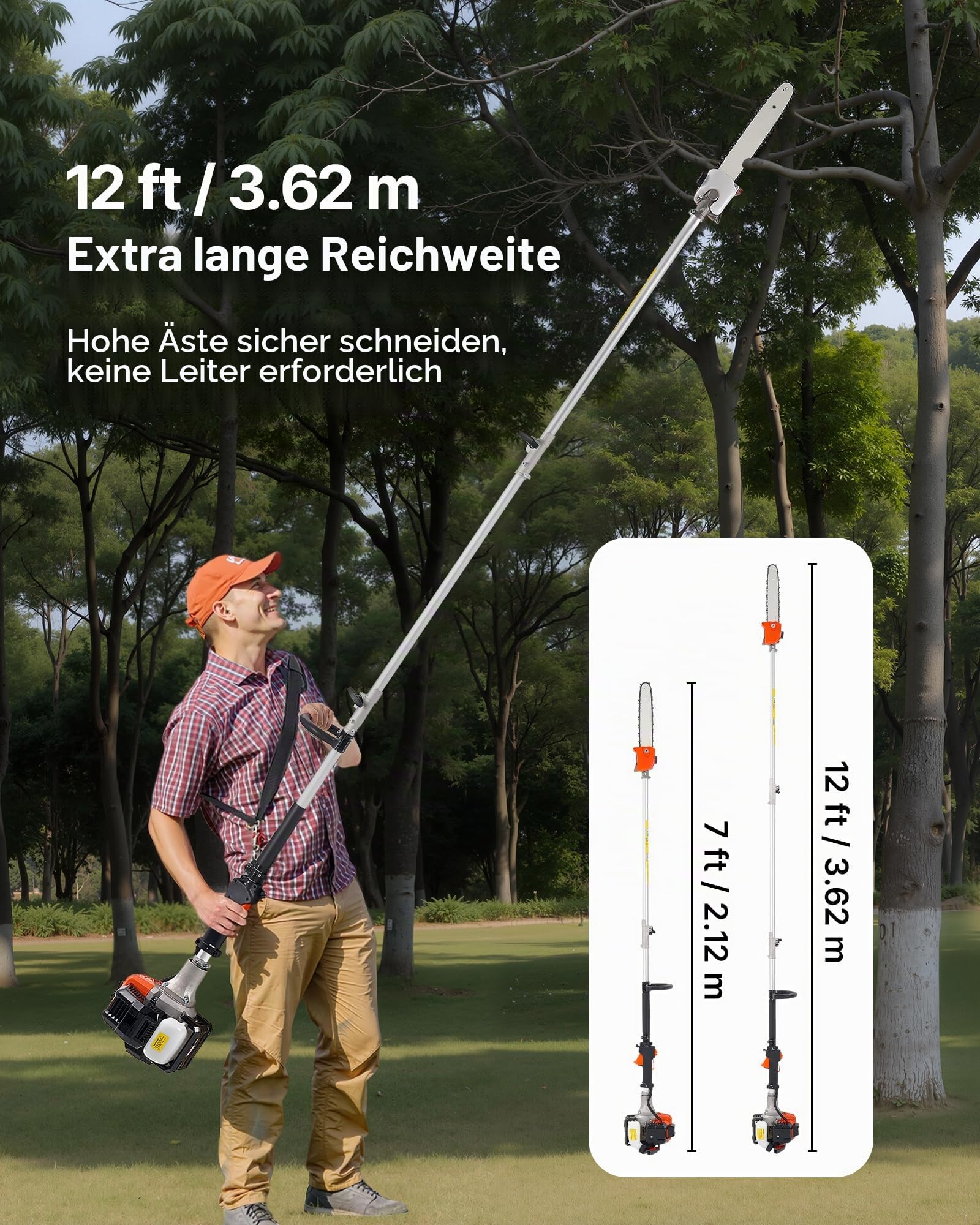 VEVOR Benzin-Hochentaster 25ccm 2-Takt, Motorsäge, Teleskopsäge mit 2,12–3,62 m ausziehbarer Stange, 30,5 cm Schwert, 650 ml Kraftstofftank, für ein kraftvolles Sägen in hohen Baumkronen