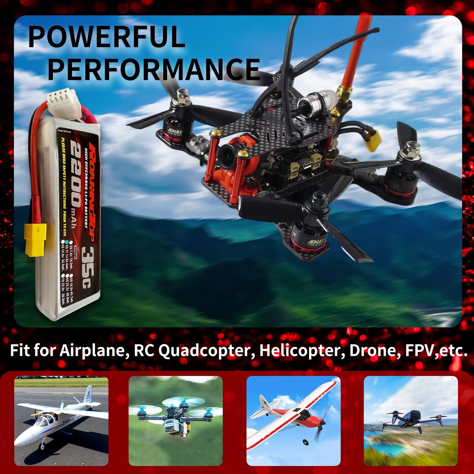 RoaringTop Batteria Lipo 3S 2200 mAh 11,1 V 35 C con spina XT60 ricaricabile ad alta capacità RC aereo batteria custodia morbida adatta per drone FPV aereo RC quadcopter elicottero