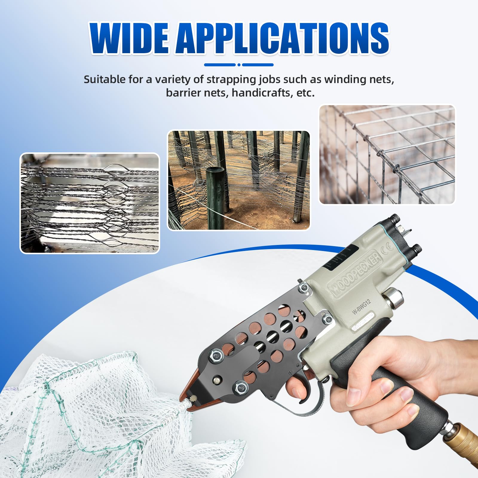 WOODPECKER BWG12 Pince pneumatique à anneau de porc de 1,8 mm à 2,1 mm de diamètre de fermeture pour cerclage, clôture, cages