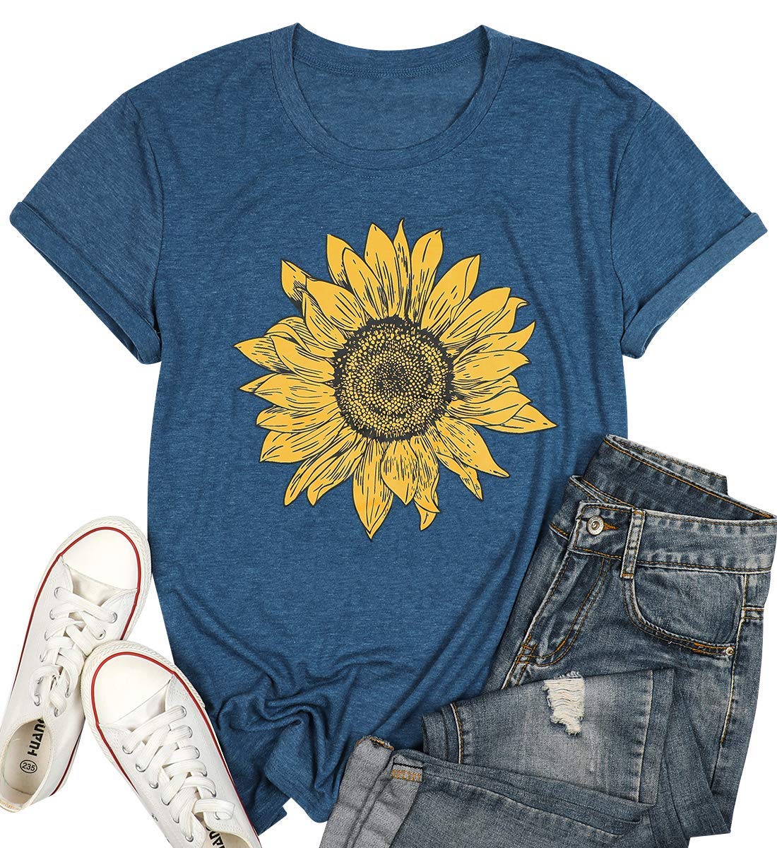QLOVELY VILOVE Sunflower Shirts for Women Floral Tshirt Flower Printed Tee Shirt Funny Summer Short Sleeve Casual Blouse Top
