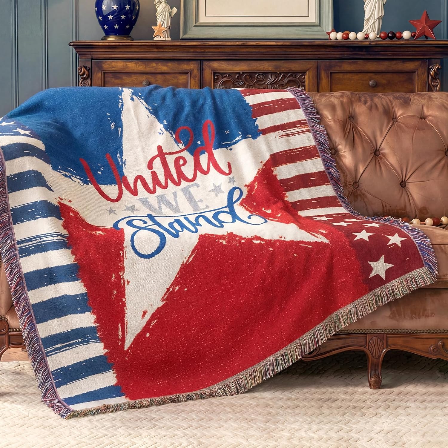 Phantoscope Independence Day Blanket, Memorial Day Accent Throw Blankets with Tassel, Blue Red July 4th Decorative Blankets with American Star Stripes for Couch Bedroom Travel, Red, 50 x 60 Inches