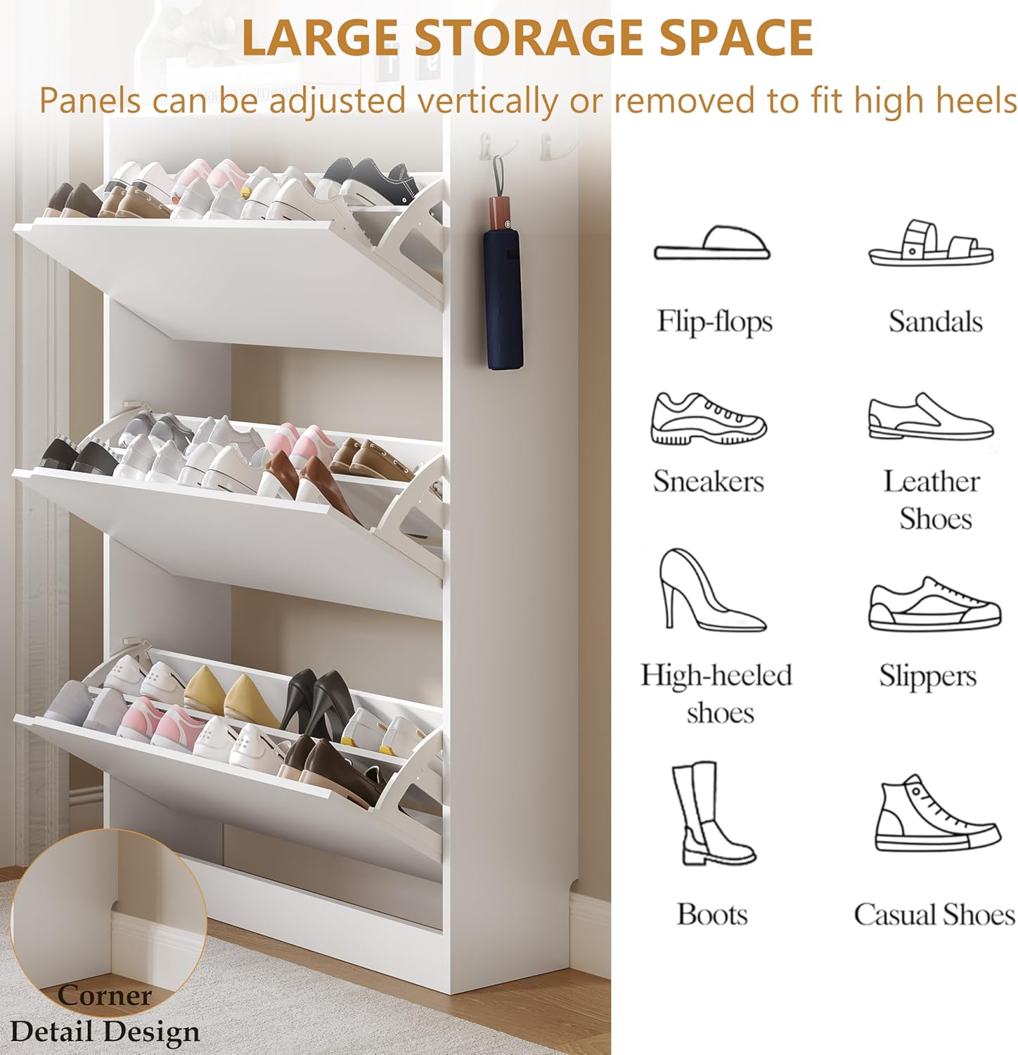 Wodeer Tall Shoe Cabinet with Coat Rack, Hidden Shoe Storage Cabinet with Doors & Drawer, Hanging Bar & Hooks, Slim Narrow Freestanding Shoe Rack Organizer for Entryway, Hallway & Living Room, White