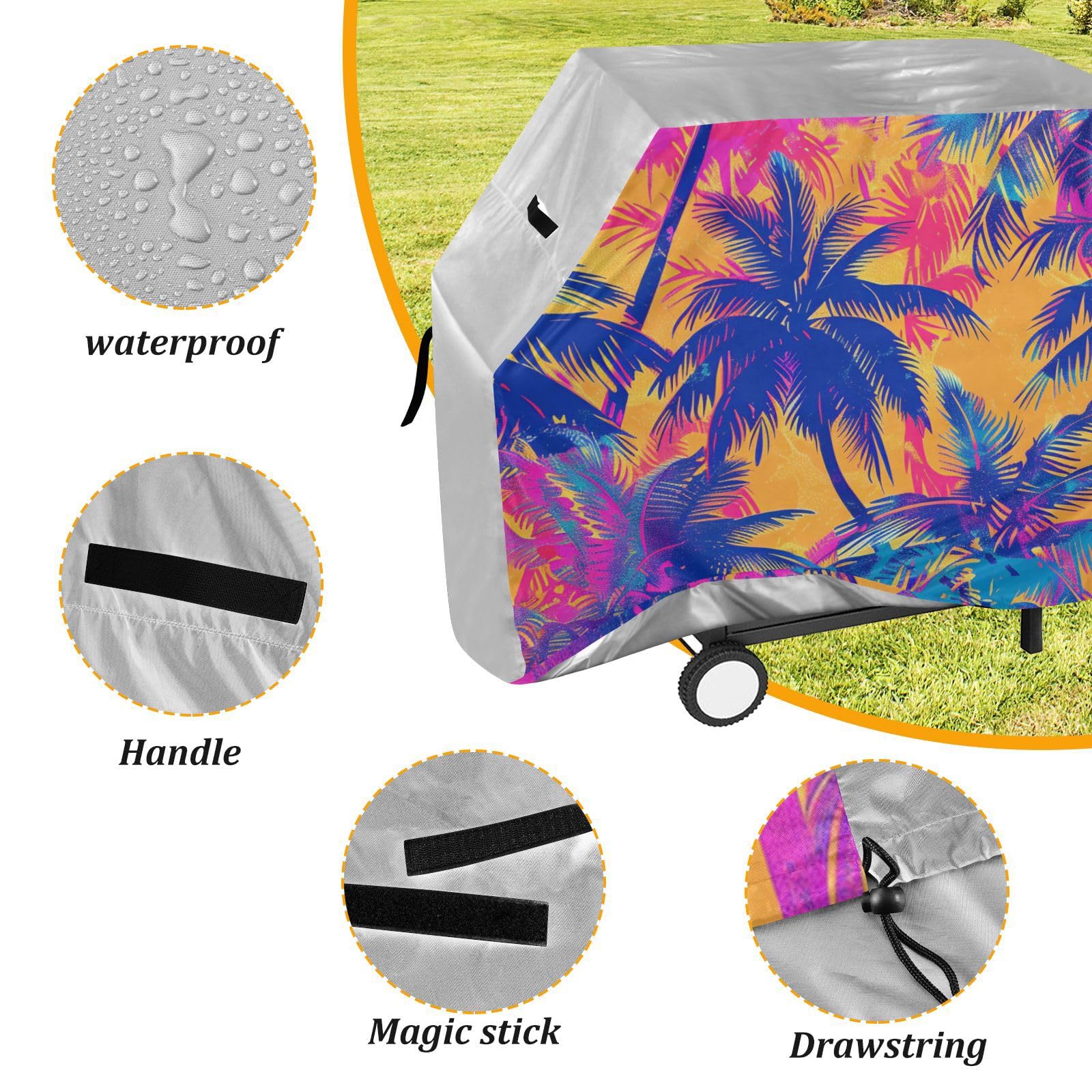 Plaża kurort styl fluorescencyjne klosze pokrowiec na grilla 150 cm wodoodporny wytrzymały odporny na rozdarcie odporny na blaknięcie materiał pokrowiec na grilla z regulowanym sznurkiem dla kurzu i