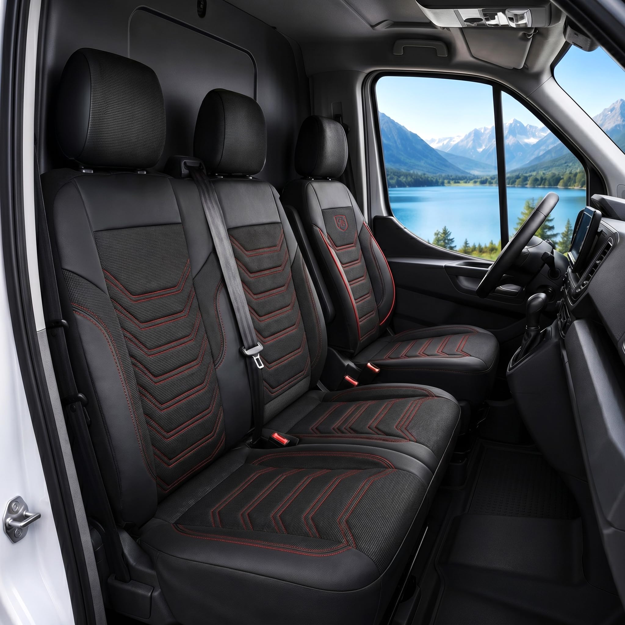 Housses de siège de voiture 2 + 1 pour Volkswagen Crafter 2 / MAN TGE 2017-2026 - Sièges avant en tissu piqué - Kit de montage - Siège passager droit divisé - Noir/rouge