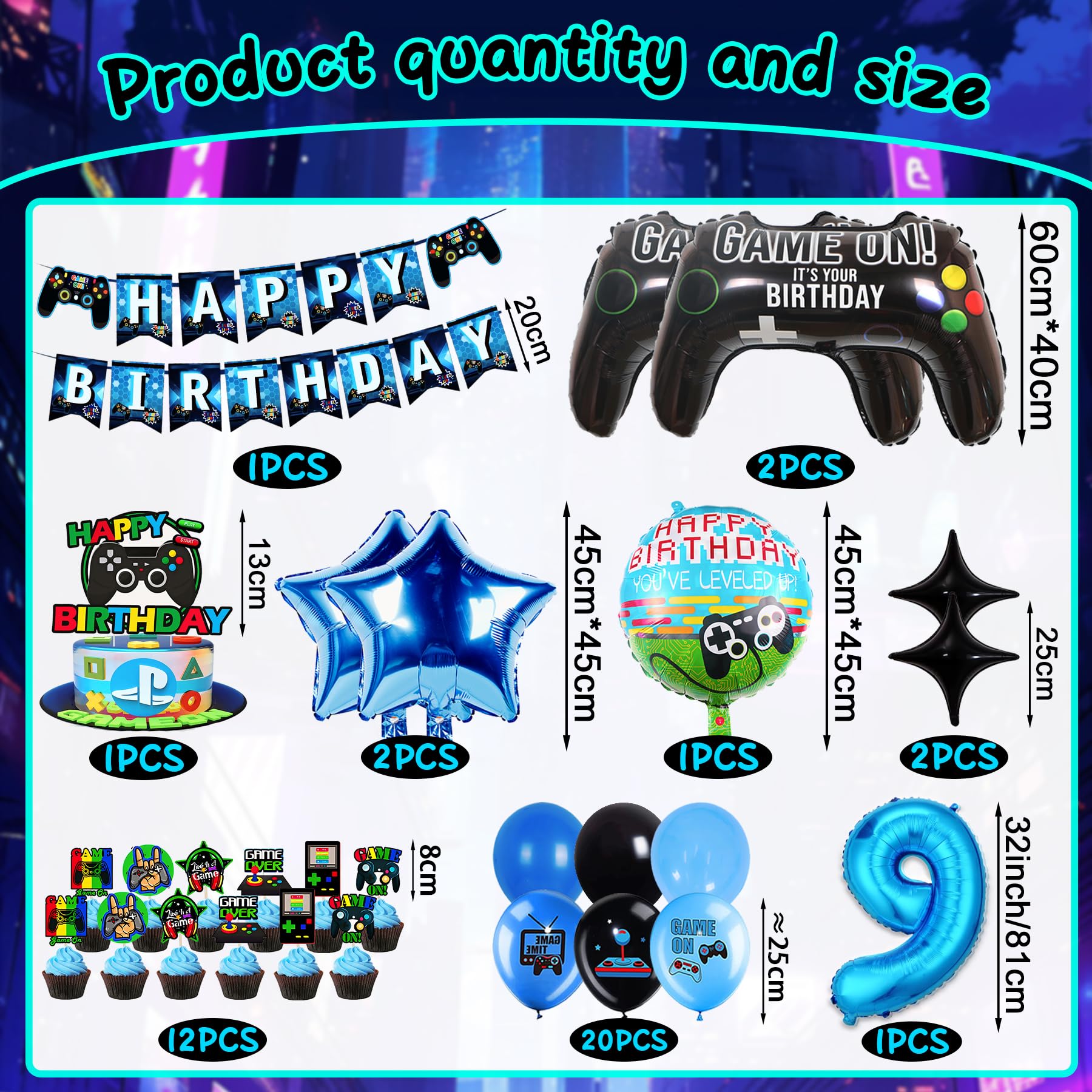 Decorazione Compleanno Tema Videogiochi Per 9 Anni - Set 43 Pezzi In Blu E Nero - Foto 9