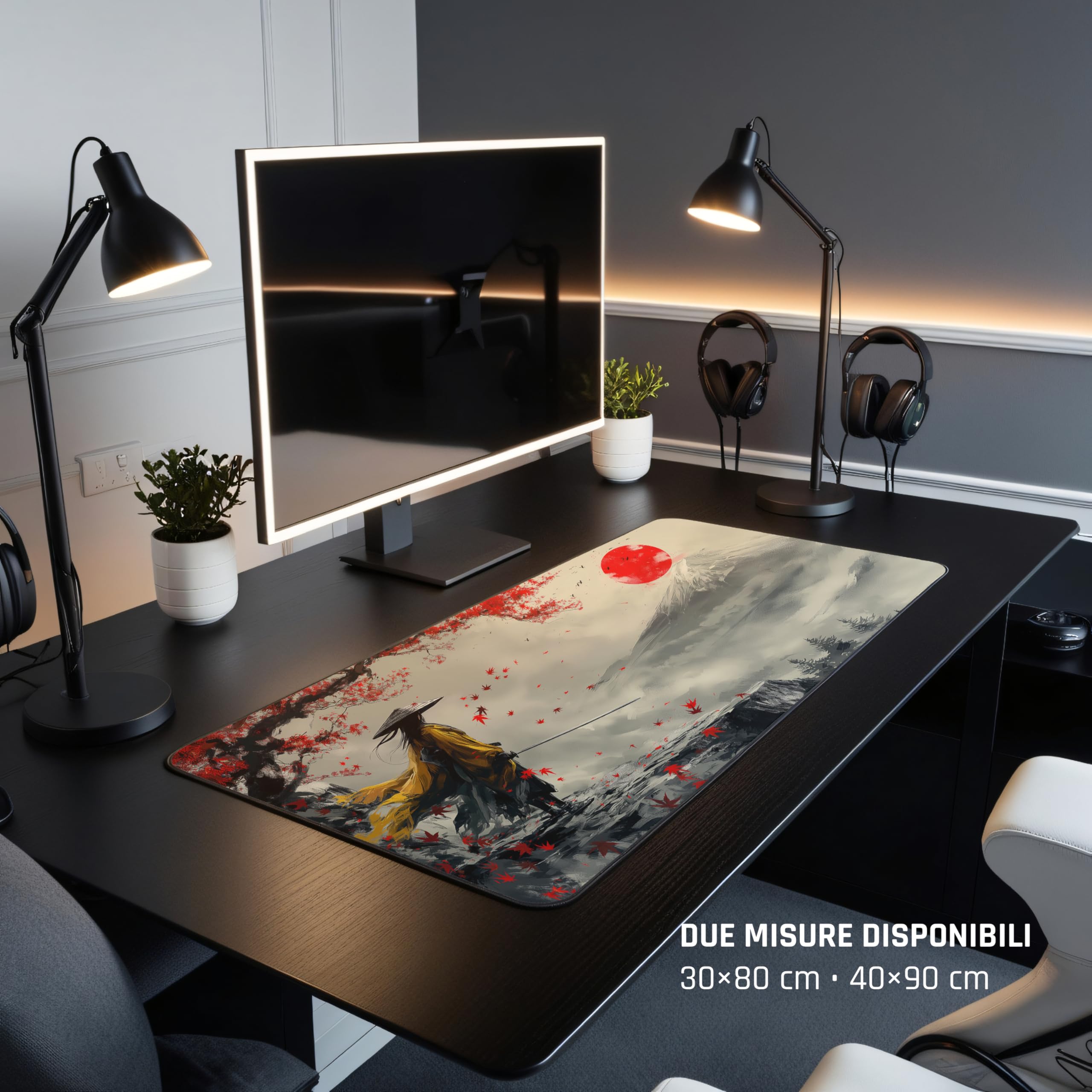 Tappetino Mouse XL 80×30 cm (3mm) – Samurai Giapponese Fuji & Sole Rosso – Desk Mat Gaming Antiscivolo, Bordi Cuciti, Tappetino Scrivania Grande per PC e Laptop