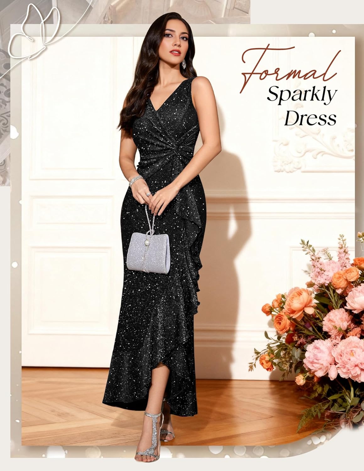 BeryLove Sequin Formal Wedding Guest Prom Cocktail Party Long Ruffle Dresses Sparkly Evening Mother of The Bride Dress - Image 4