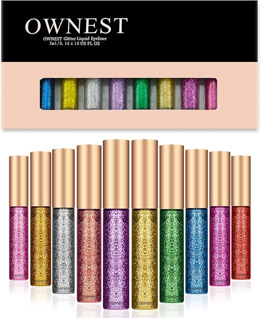 Ownest 10 Colors Liquid Glitter Eyeliner Metallic Shimmer Glitter Eyeshadow Long Lasting Waterproof Shimmer Sparkling Eyeliner Eye Shadow-10pcs | Metallic Shimmer Eyeshadow Set, Lasting Waterproof Shimmer Sparkling Liquid Eyeliner & Shadow Duo, Glitt