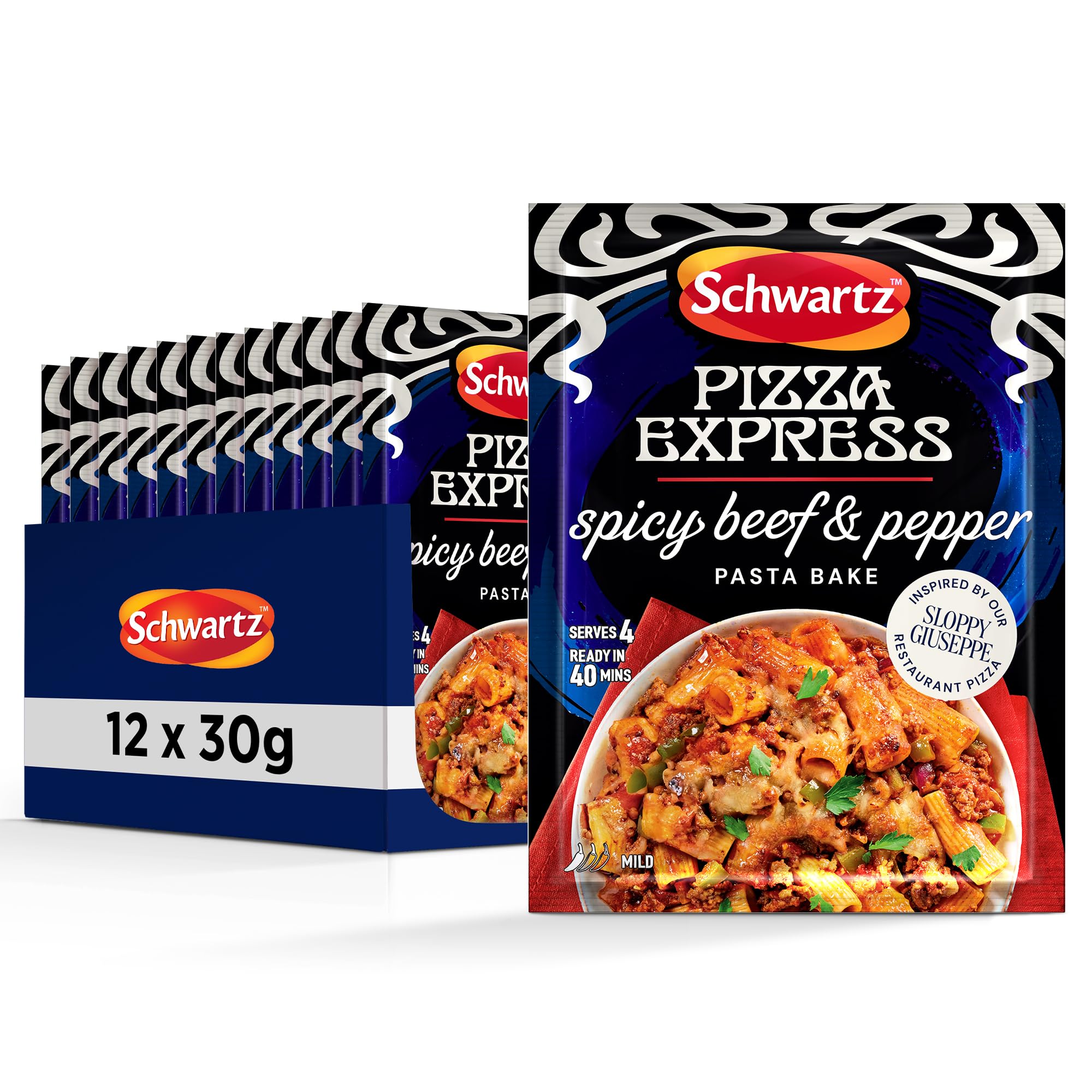 Schwartz x Pizza Express Spicy Beef and Pepper Pasta Bake Recipe Mix, 30g | Serves 4 | Pack of 12 | Mildly Spiced and Flavourful | Delicious Pasta Bake | With Garlic, Green Pepper, and Chilli