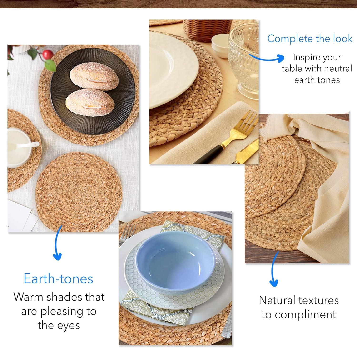 Round Woven Placemats Set – Natural Water Hyacinth Placemats for Dining Table, Heat-Resistant Boho Wicker Chargers, Rustic Farmhouse Table Decor (Natural, 38cm Set of 8)