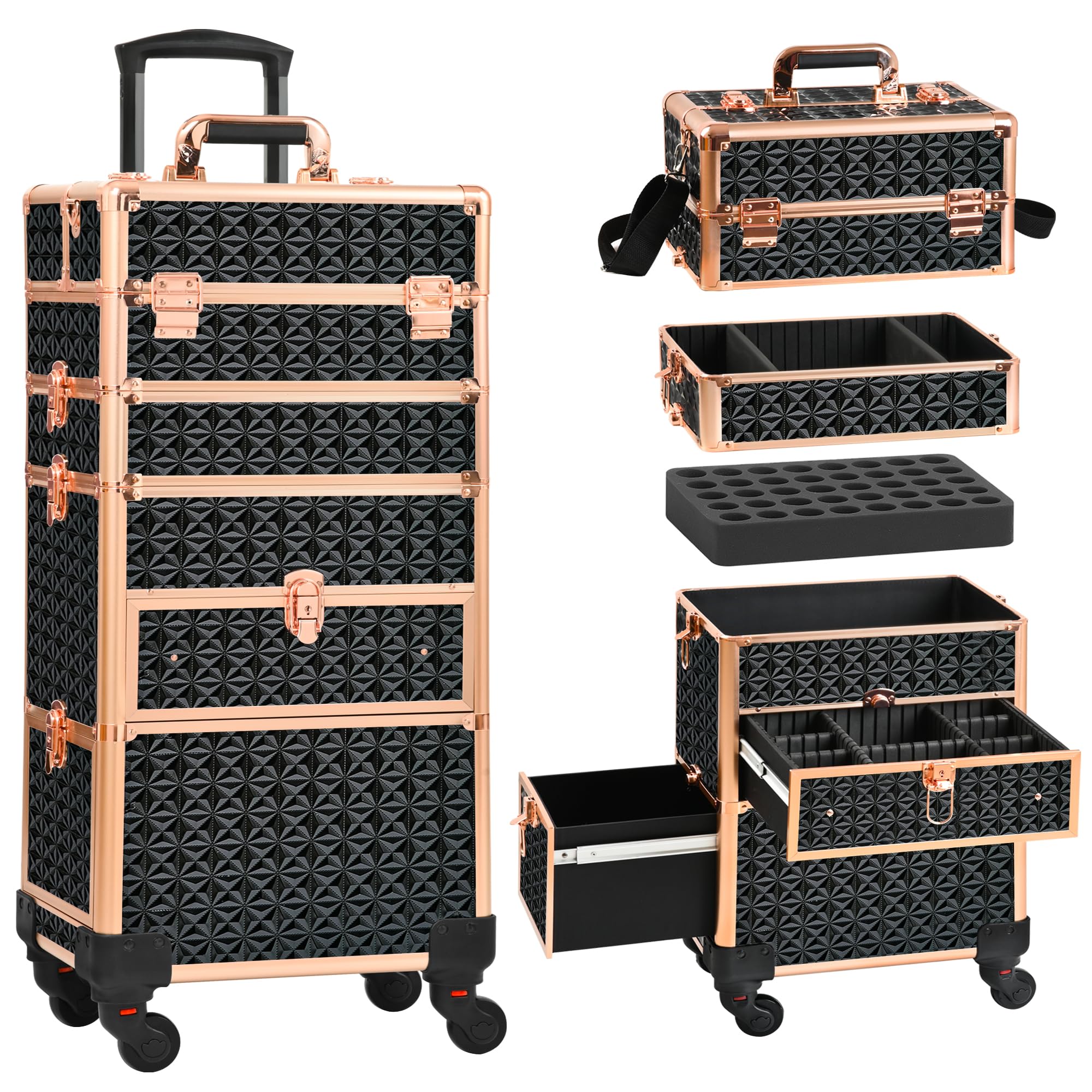 Makeup Train Case with Drawer, Rolling Makeup Case, Cosmetology Case on Wheels, Gift, Large Makeup Case Organizers, Professional for Salon Barber, Nail, Tattoo, Black Gold