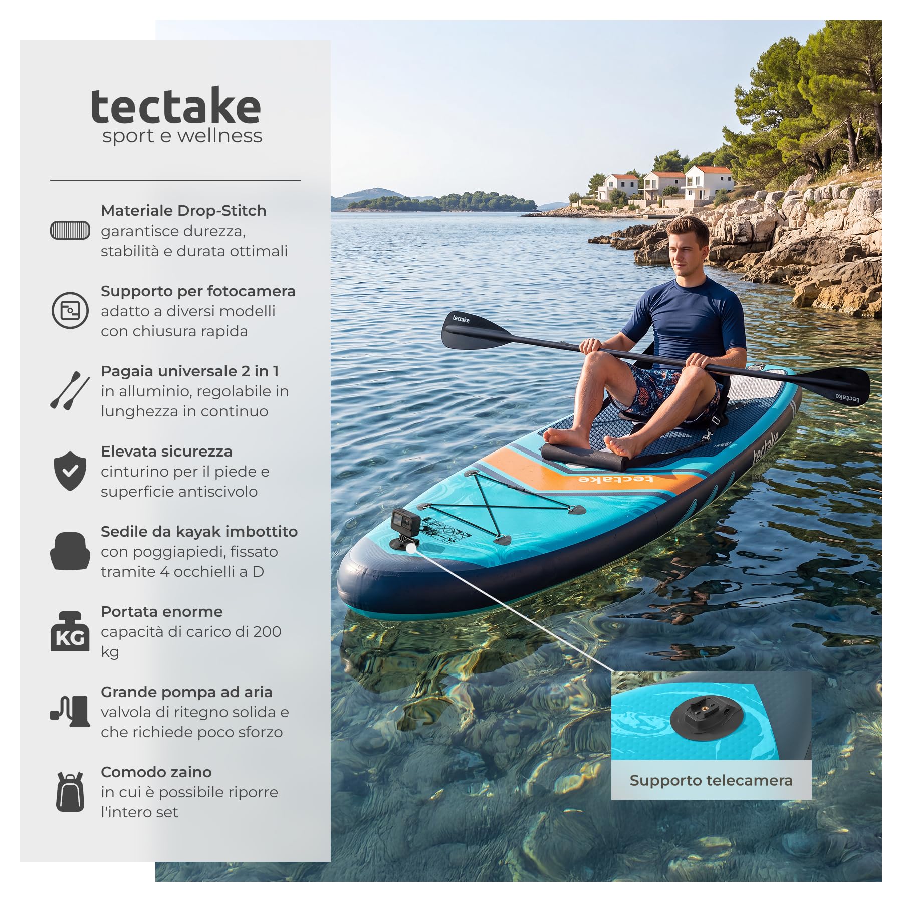 tectake® Tavola Sup Gonfiabile, Supporto Fotocamera, Sedile Kayak, 200 kg