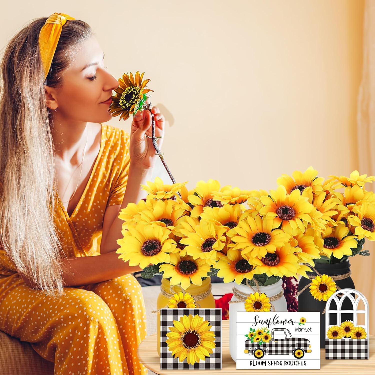 12 Sets Sunflower Mason Jar Centerpiece for Table Summer Sunflower Decor with Artificial Flowers Farmhouse Wooden Table Centerpieces Rustic Tiered Tray Decor for Home Wedding Kitchen Dining Decoration