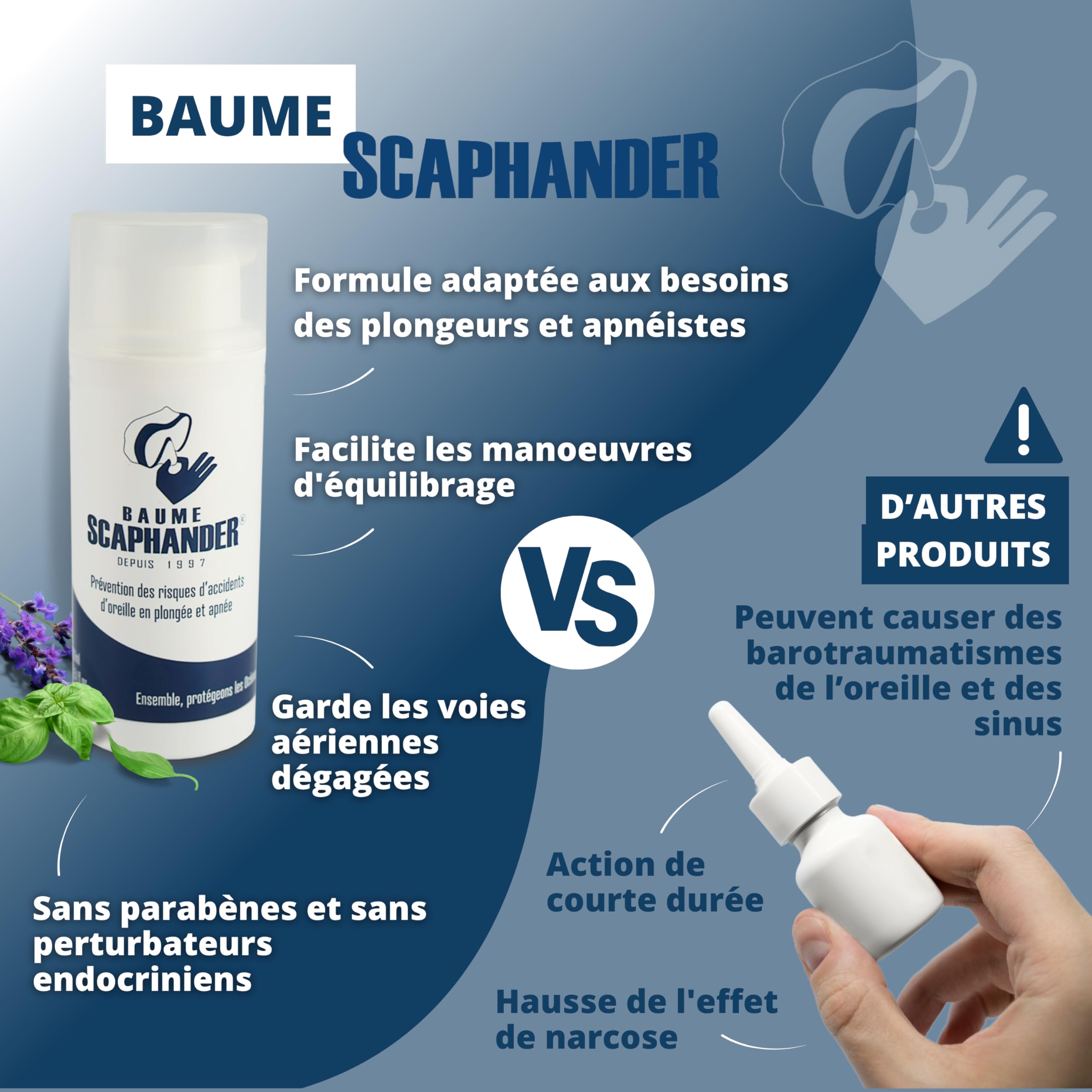 Baume Scaphander® 100mL Scaphandrier | Huiles essentielles | Pour plongeurs et apnéistes | Facilite les manœuvres d’équilibrage et prévient les risques d'accidents d'oreilles | 36 mois de conservation