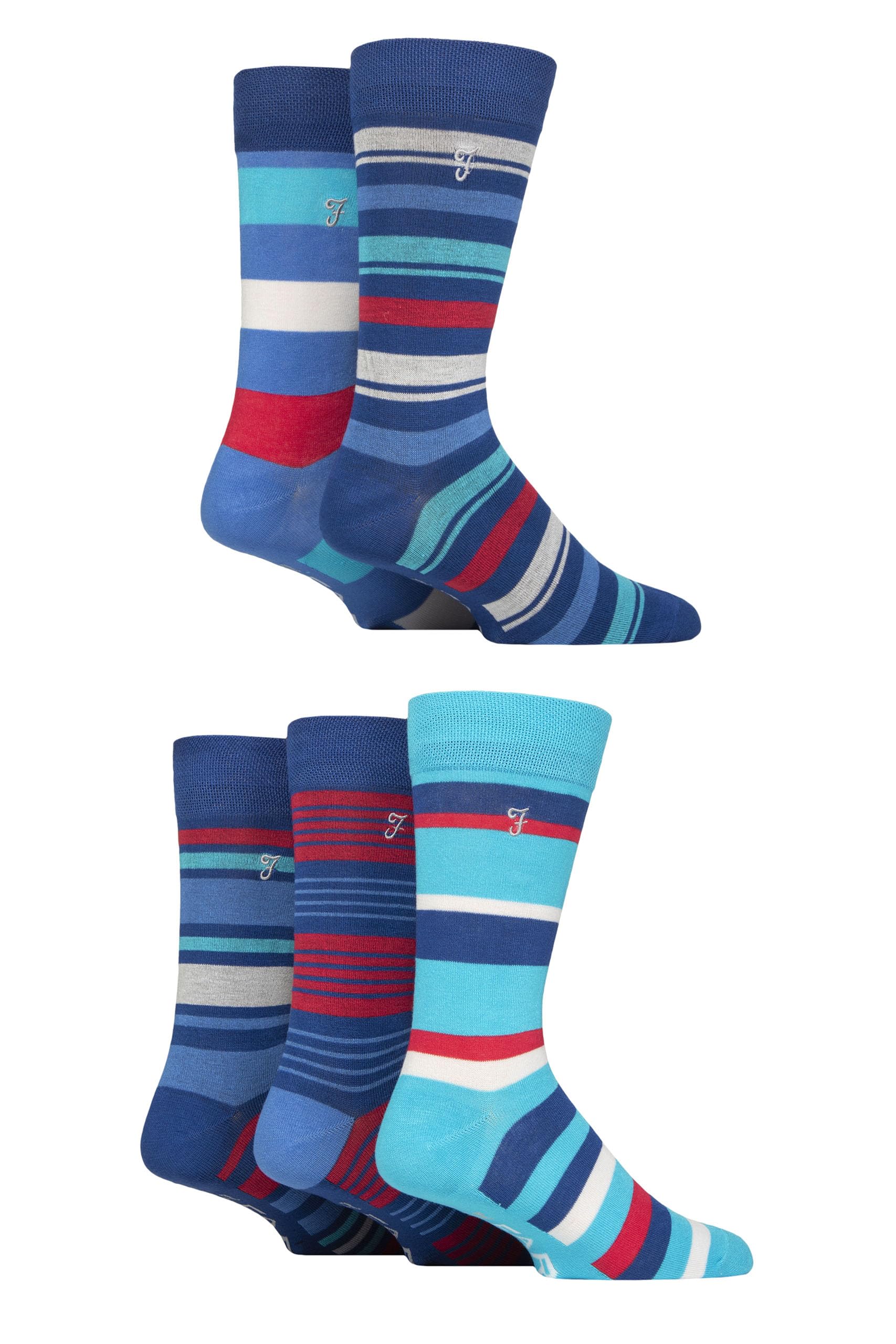 Farah Mens Bamboo Socks Plain and Patterned Striped Argyle Spotty Designs, Bright Colourful, Gift for Him, 5 Pairs - Striped Navy/Cobalt/Red 6-11