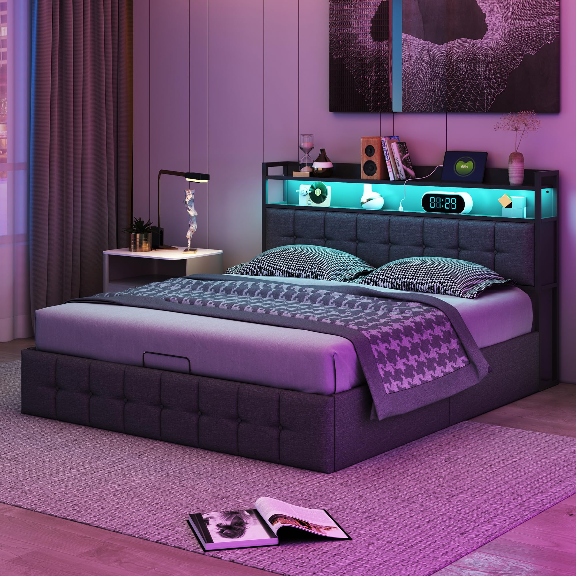 Letto imbottito 140 x 190 cm con spazio e rete a doghe, letto matrimoniale idraulico con funzione di ricarica USB e testiera LED, per adulti e ragazzi (nero+lino, 140 x 190 cm)