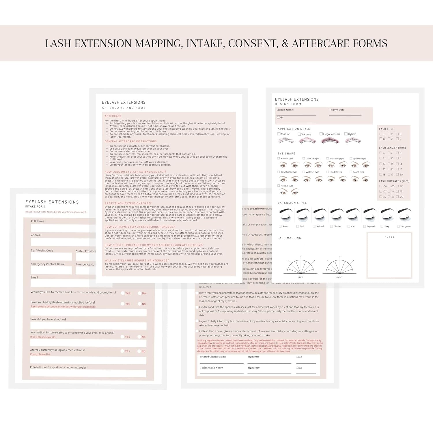 Lash Extension Eyelash Consent, Intake, Aftercare forms with Mapping | 100 Pack | 25 of each Consent, Intake, Aftercare, and Mapping Forms for Lash Artists | 8.5 x 11 inch