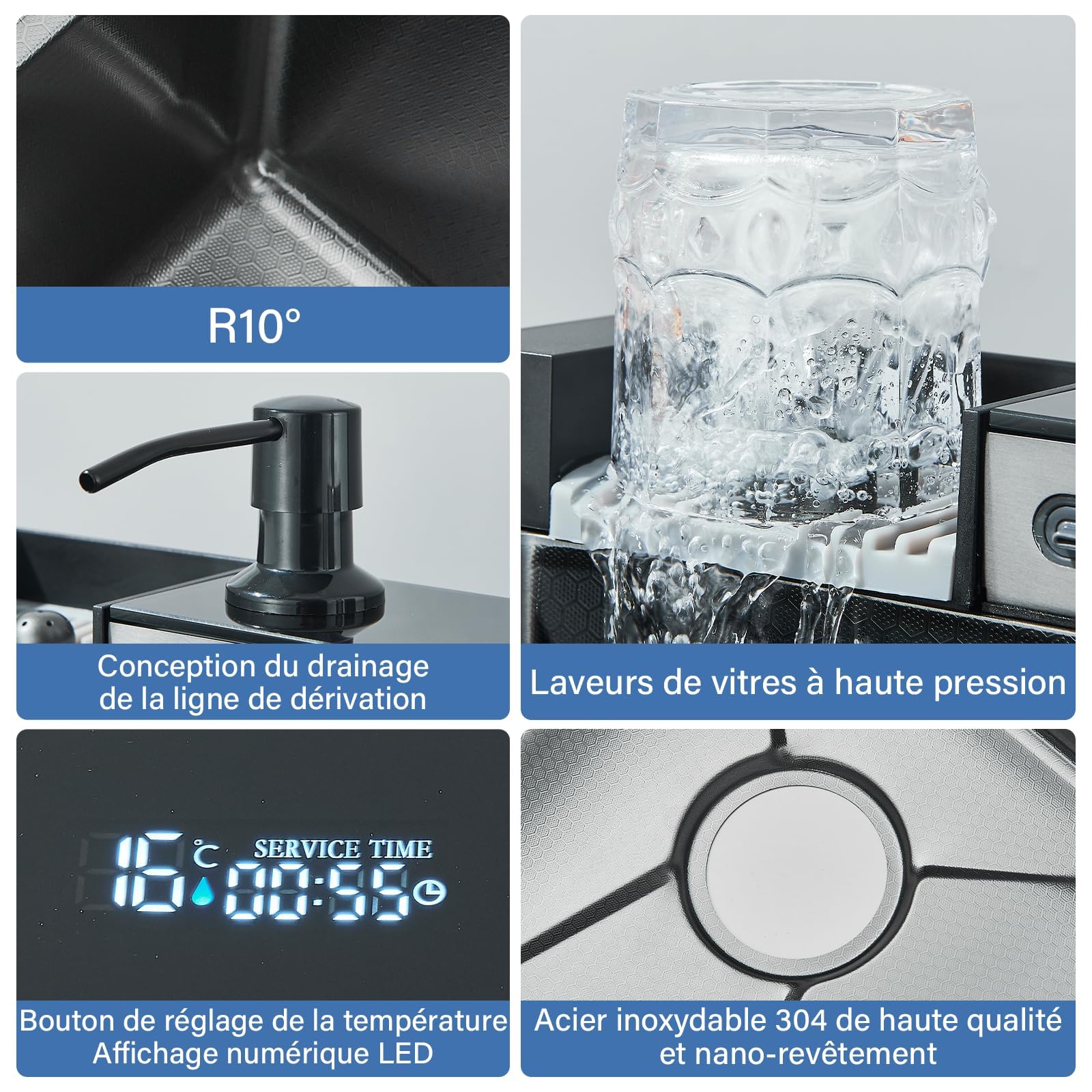 Noir Évier de Cuisine en Acier Inoxydable 304 avec Robinet Extractible Grand Évier Simple Affichage Numérique Intégré Lave-tasses Distributeur de Savon Robinetterie (75 * 45 * 21 cm)