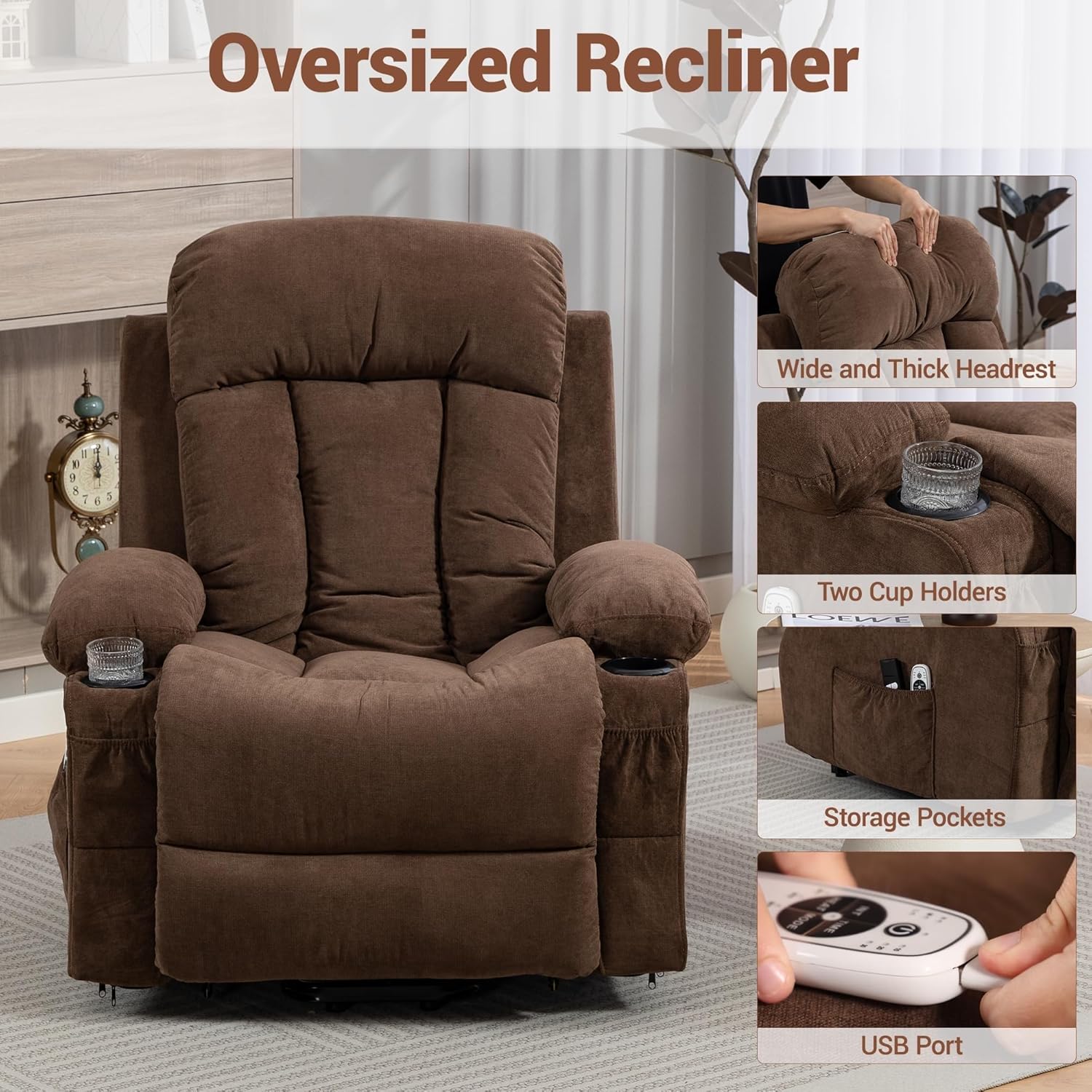 Living Room Bedroom Electric Single Sofa with 8 Vibration Massage Brown Power Lift Recliner Chair Cup Holder and USB Charge Port Heat for Elderly