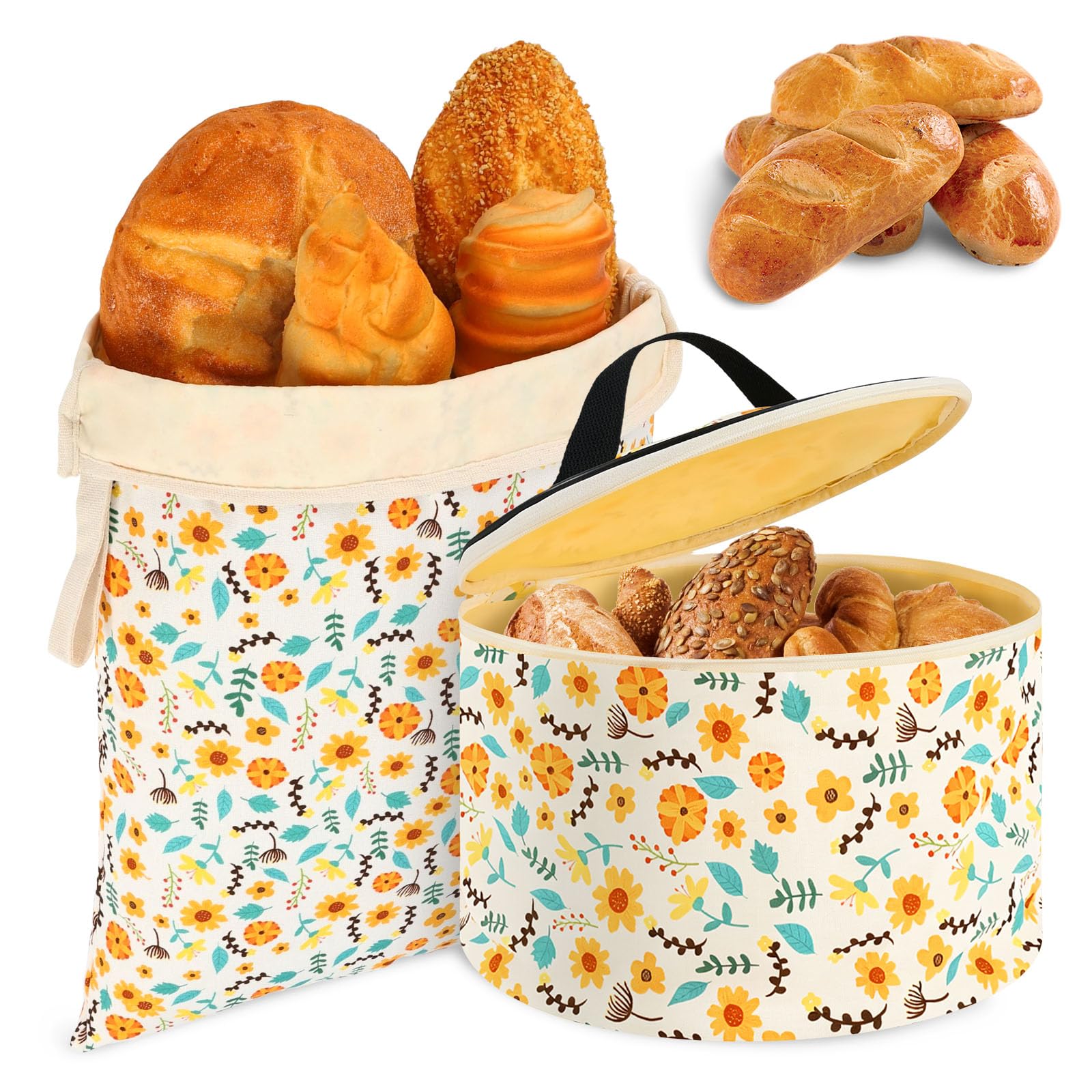 2 Pack Beeswax Bread Bags, Bees Wax Bread Bag for Homemade Breads, Reusable Loaf Beeswax Guard Bag with Zipper and Handle for Homemade Sourdough & Artisan Loaves(Leaf+Flower)