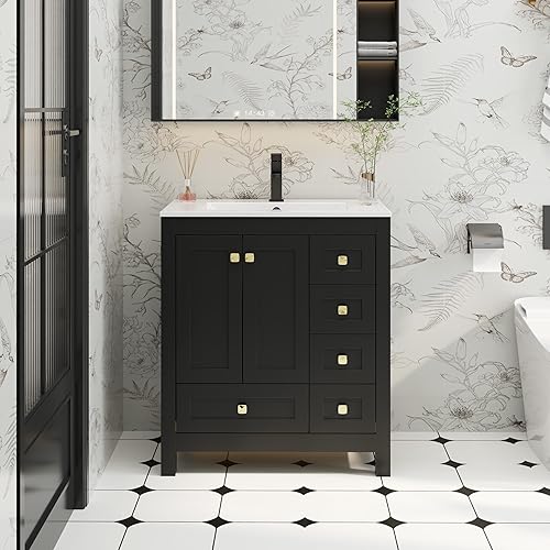 eclife Juego combinado de tocadores de baño de 30 pulgadas con lavabo, fregadero de cerámica con madera gruesa, grifo negro mate, espejo de alta