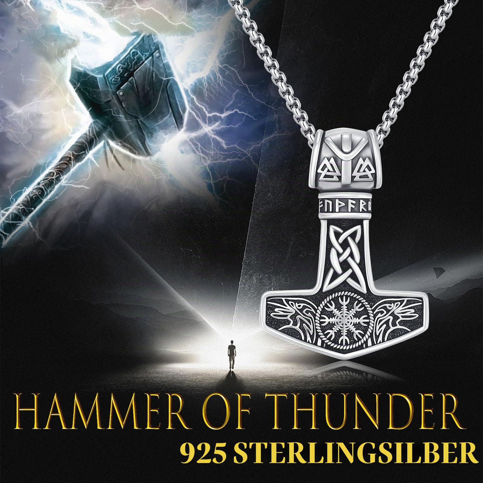 Thors Hammer Halskette 925 Sterling Silber Mjölnir Kette Thor Hammer Anhänger mit Krähen Vegvisir Amulett Schmuck für Männer Unisex, Sterling Silber