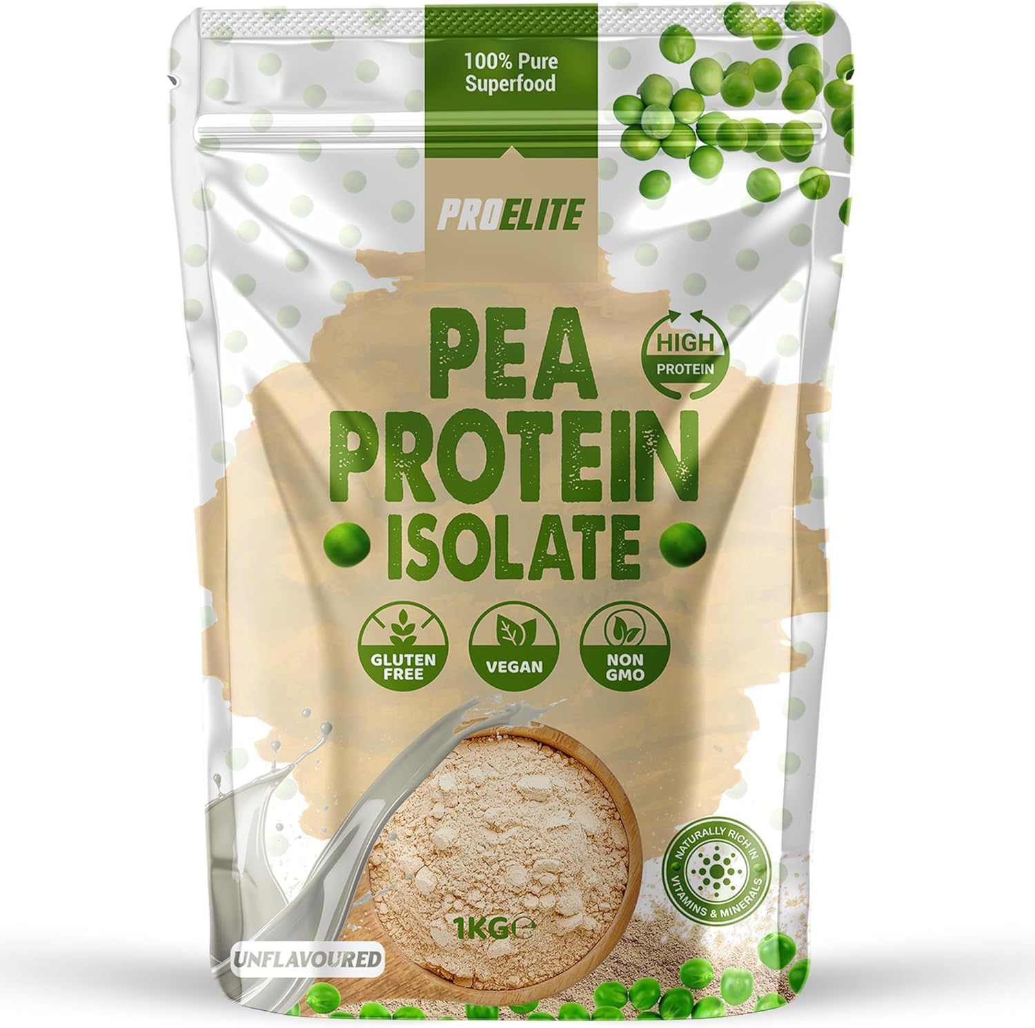 Pea Protein Isolate Powder 1kg Vegan 100% Plant Protein Gluten-Free, Vegetarian Protein Powder Shake for Superfood Super Greens Dairy Free Shakes by PROELITE (1KG, Unflavoured)