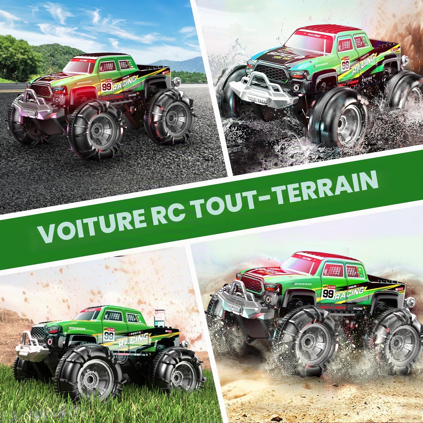ROUSKY Monster Truck amphibie télécommandé, 2,4 GHz double commande avec montre et contrôleur, voiture télécommandée rotative à 360° avec lumières LED, vert course (vert)