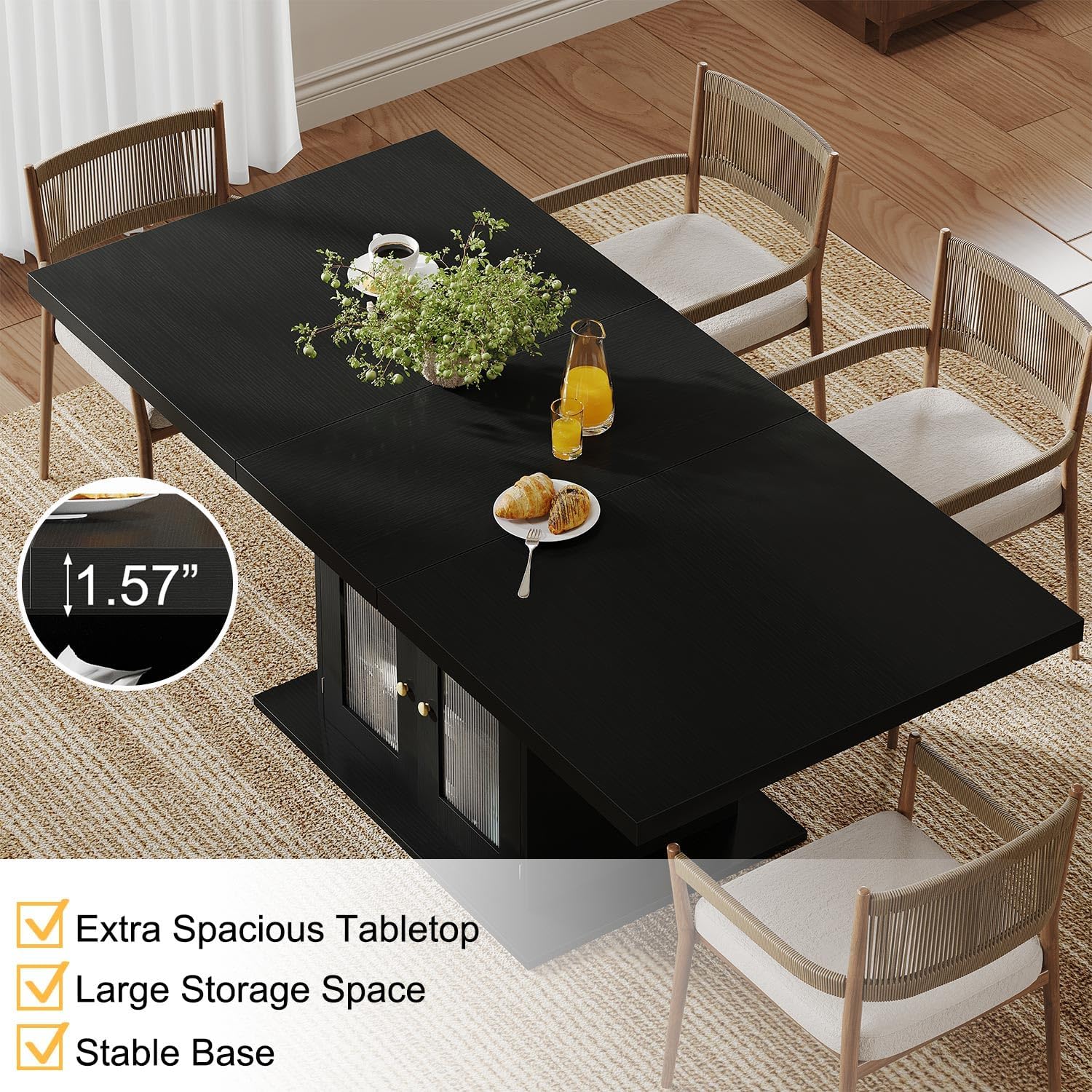 HSH Black Dining Table for 4 to 6, Modern Kitchen Dining Room Table with 3-Tier Storage Shelf and Acrylic Door Cabinet, Rectangular Wooden Dinner Tables for Home Kitchen Living Room, Black Oak，63 in