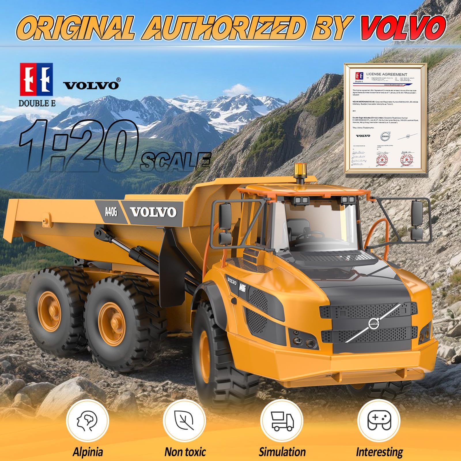 DOUBLE E Volvo 1:20 Large 23IN A40G RC Dump Truck, 12CH