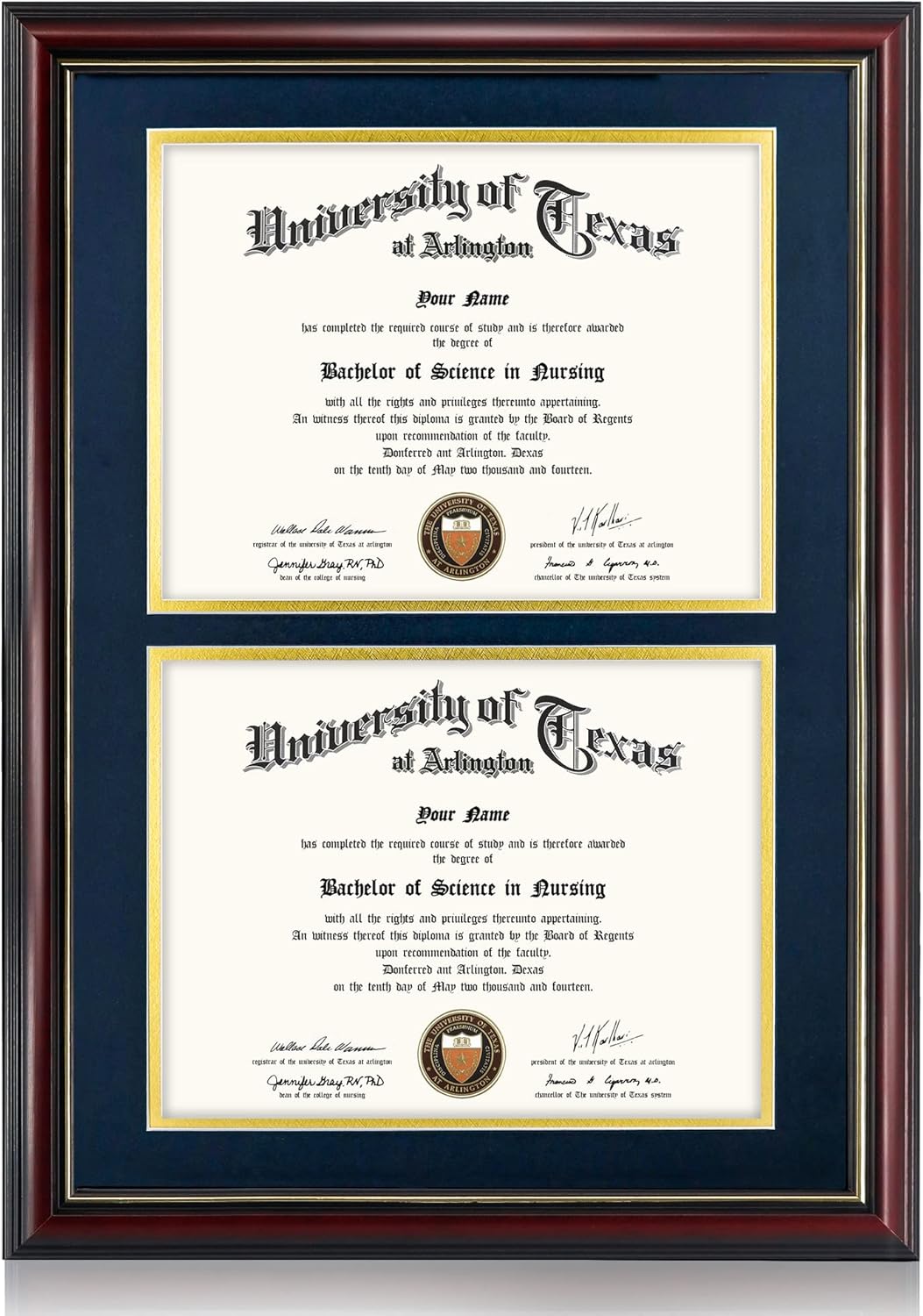 GraduationMall Double 8.5x11 Diploma Frame,Solid Wood & UV Protection Acrylic,Cherry Finish with Gold Trim,Navy Blue & Gold Mat