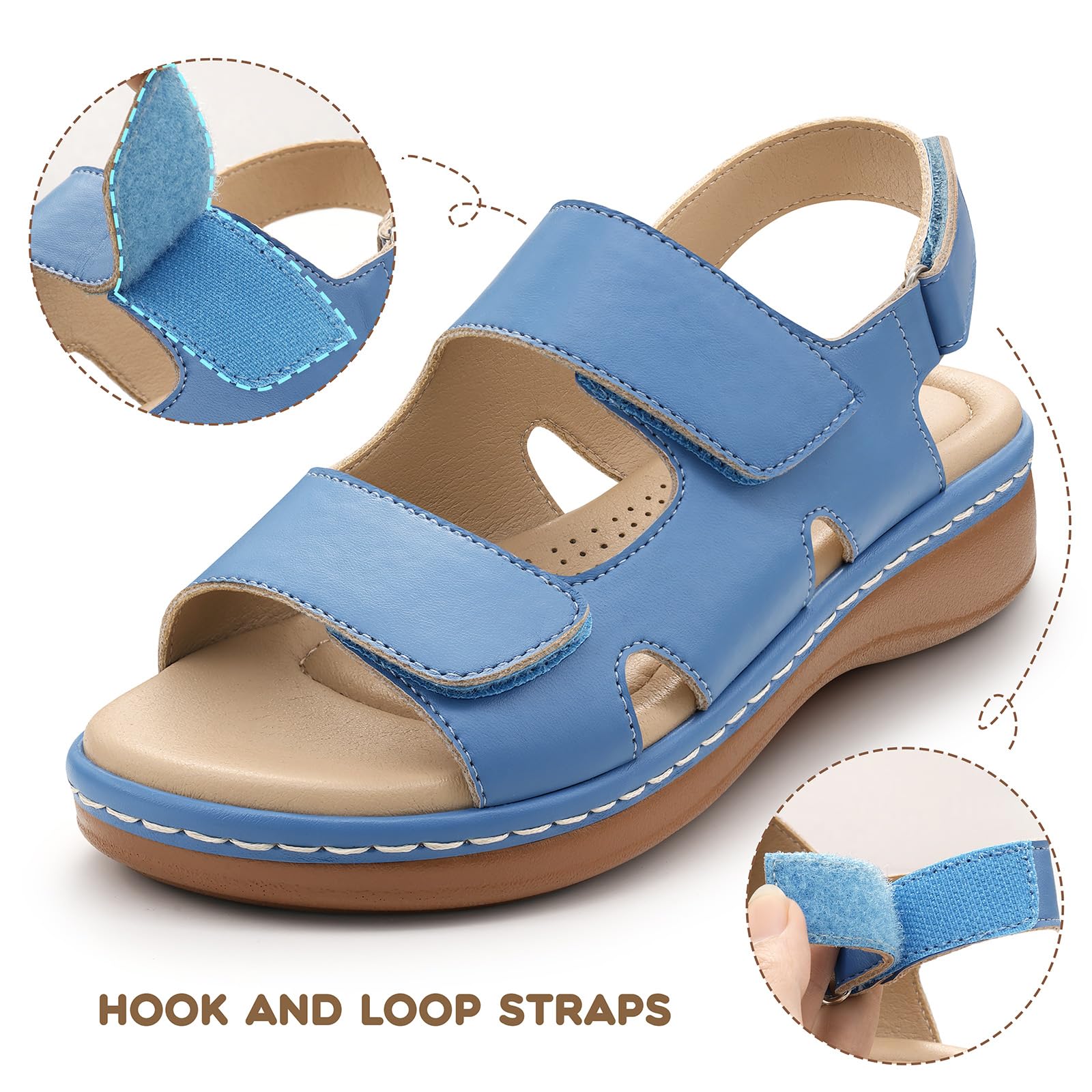 PIZZ ANNU Clara Sandalias Ortopedicas Mujer Verano Comodas Zapatos con Cuña Ligera y Velcro Ajustable Suela Antideslizante para Uso Diario