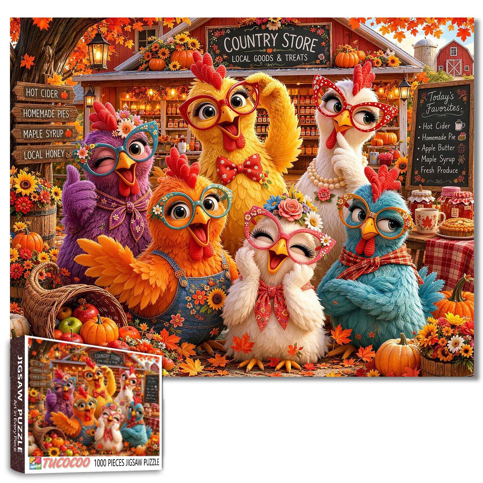 Cottagecore Harvest Chickens Jigsaw Puzzles for Adults 1000 Pieces Fall Country Store Scene DIY Puzzles for Family Activity Games Whimsical Chicken Art Farmhouse Autumn 19.7 x 27.6 Inch
