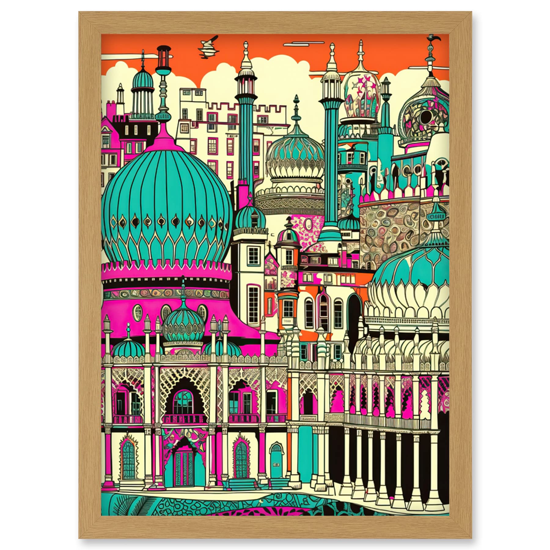 Artery8 Brighton Royal Pavilion Palace Vibrant Detailed Artwork Framed Wall Art Print A4
