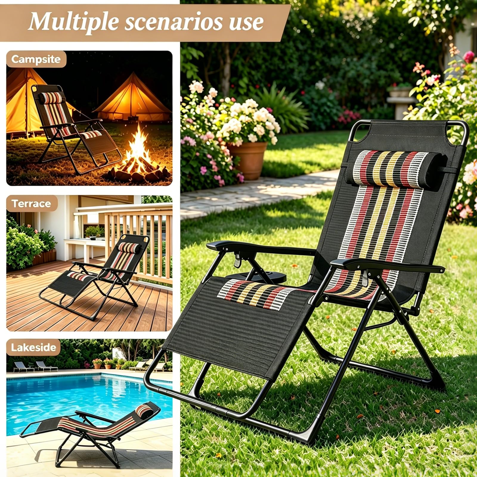 Garten Liegestuhl Klappbar, Verstellbare Relaxliege Outdoor, Sonnenstuhl mit Liegefunktion,Gartenstuhl mit Liegefunktion für Terrassen, Rasenflächen und Gärten (Strip-mit Kissen)