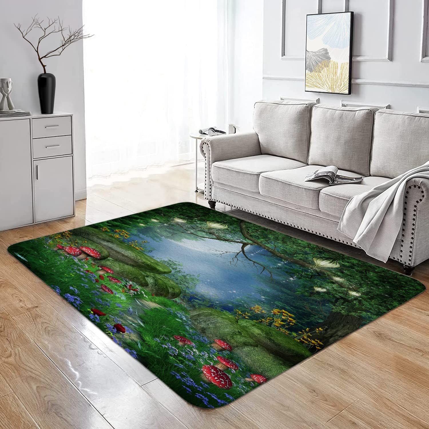 Yunine Area Rug for Living Room Bedroom Kids Playroom, Enchanted Forest with Mushrooms and Fairy Lanterns, Home Decor Soft Faux Wool Throw Rugs 4' x 6' Non Slip Lager Floor Carpet