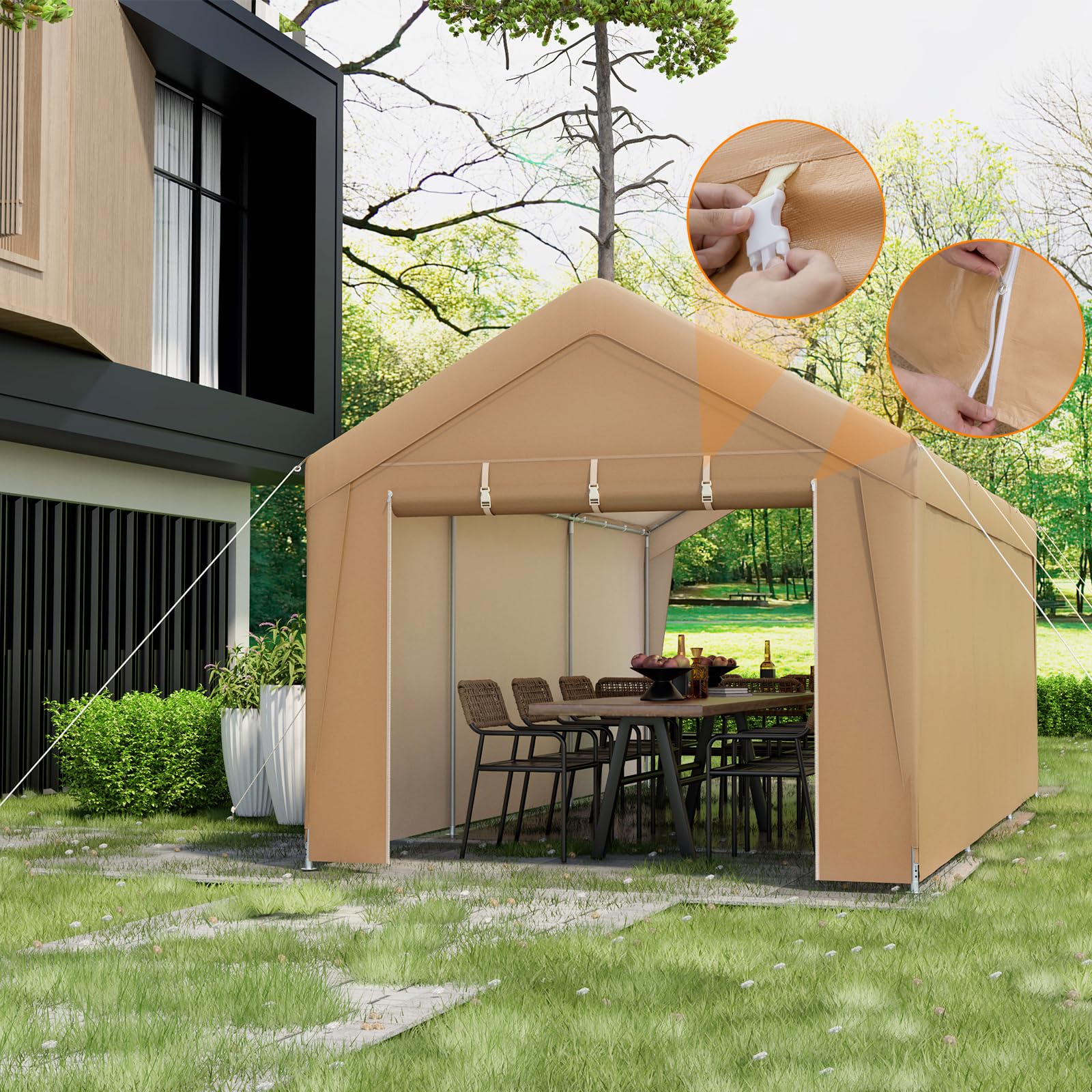 COSTWAY Gazebo Tenda per Posto Auto da Esterno, Carport Tenda Impermeabile in Metallo, Tendone Garage per Auto, Moto, 301 x 600 x 285 cm