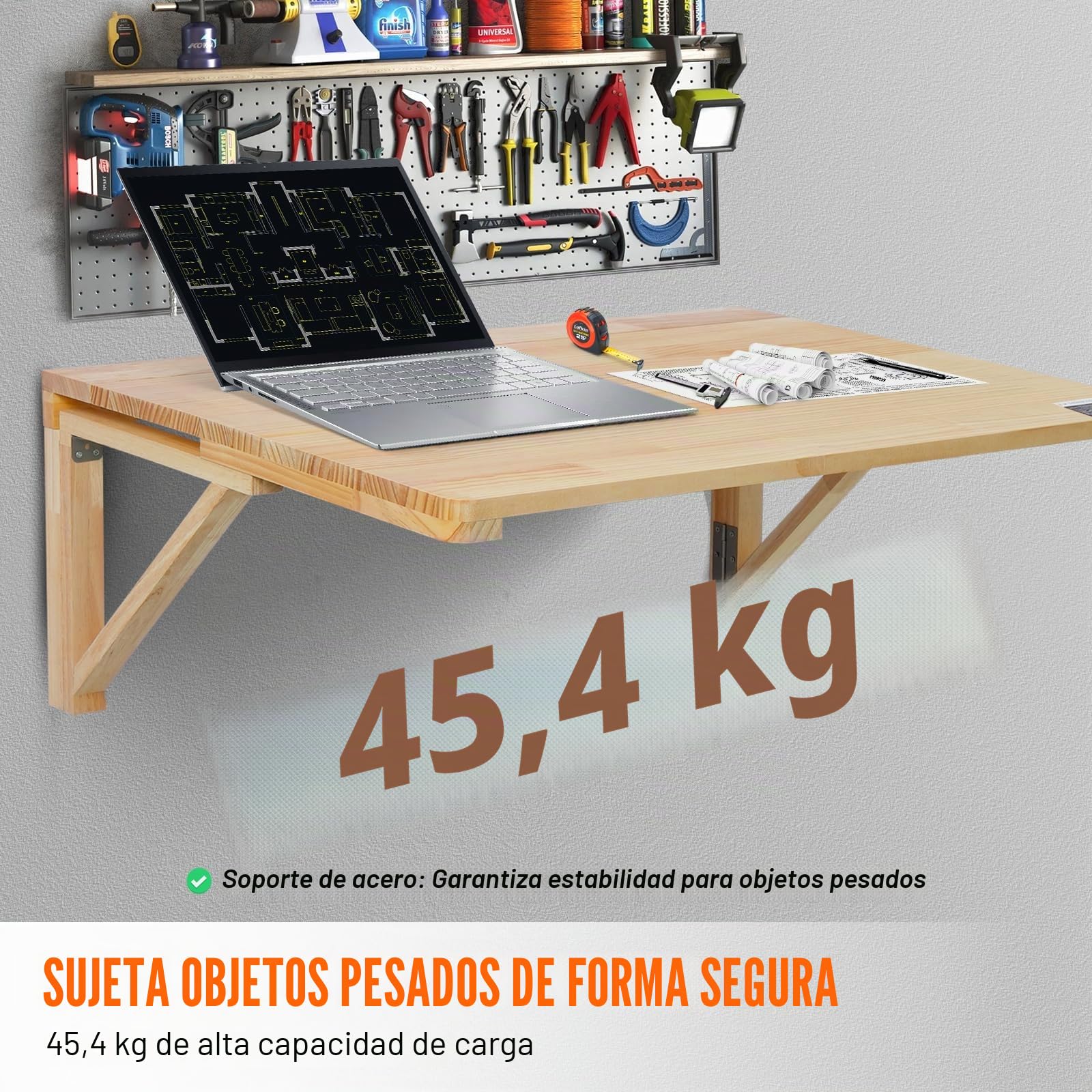 VEVOR Mesa Plegable de Pared, 800 x 600 x 298 mm, Escritorio Flotante de Madera con Soporte de Hierro, Mesa Plegable para Espacios Pequeños, Oficina en Casa, Comedor, Cuarto de Lavado, Cocina, Bar