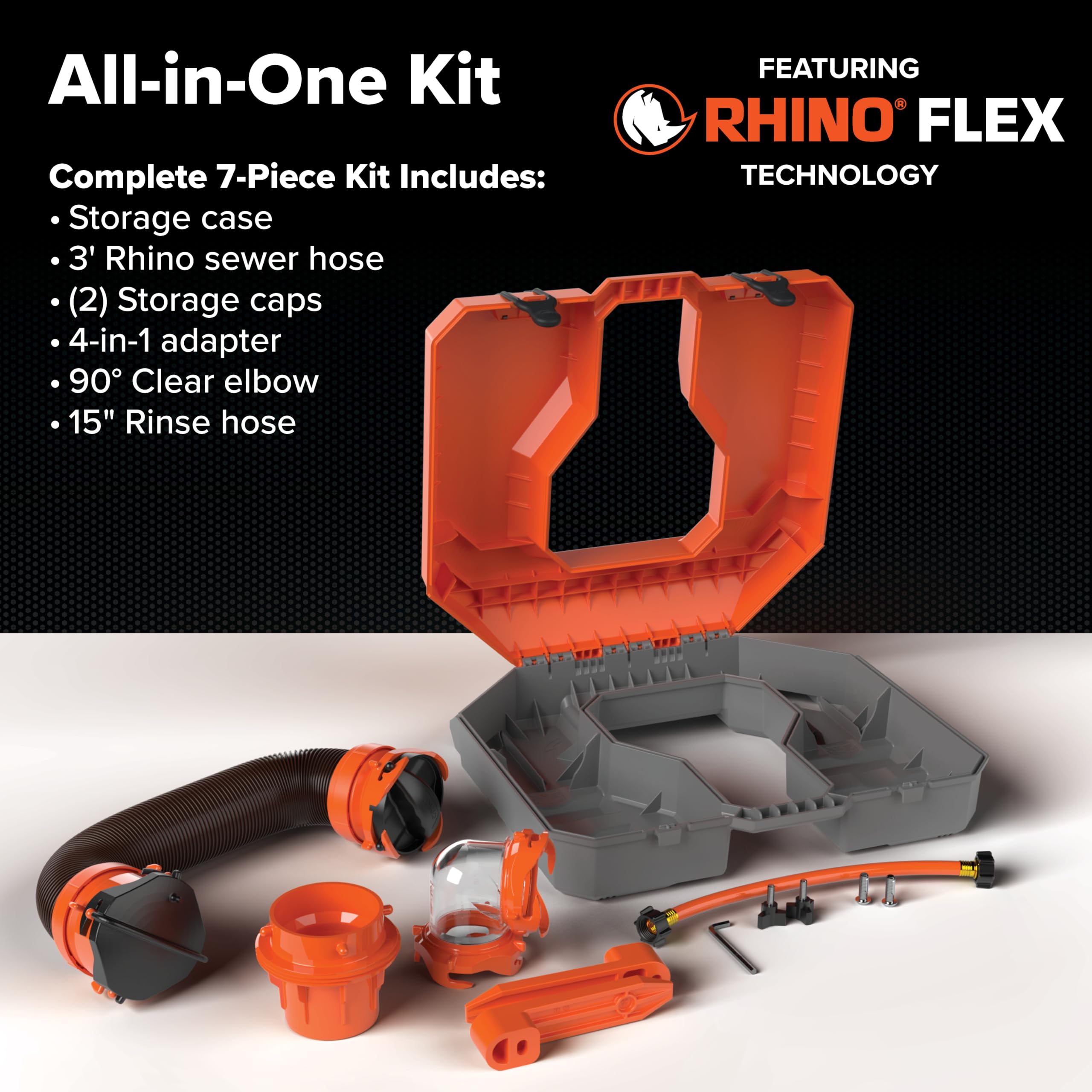 Camco Rhino 39023 - Serbatoio di Grandi Dimensioni, Accessorio Essenziale per Camper per Una Gestione efficiente dei rifiuti, Kit Compatto da 7 Pezzi, Include Tubo per fognatura e Custodia per Camper