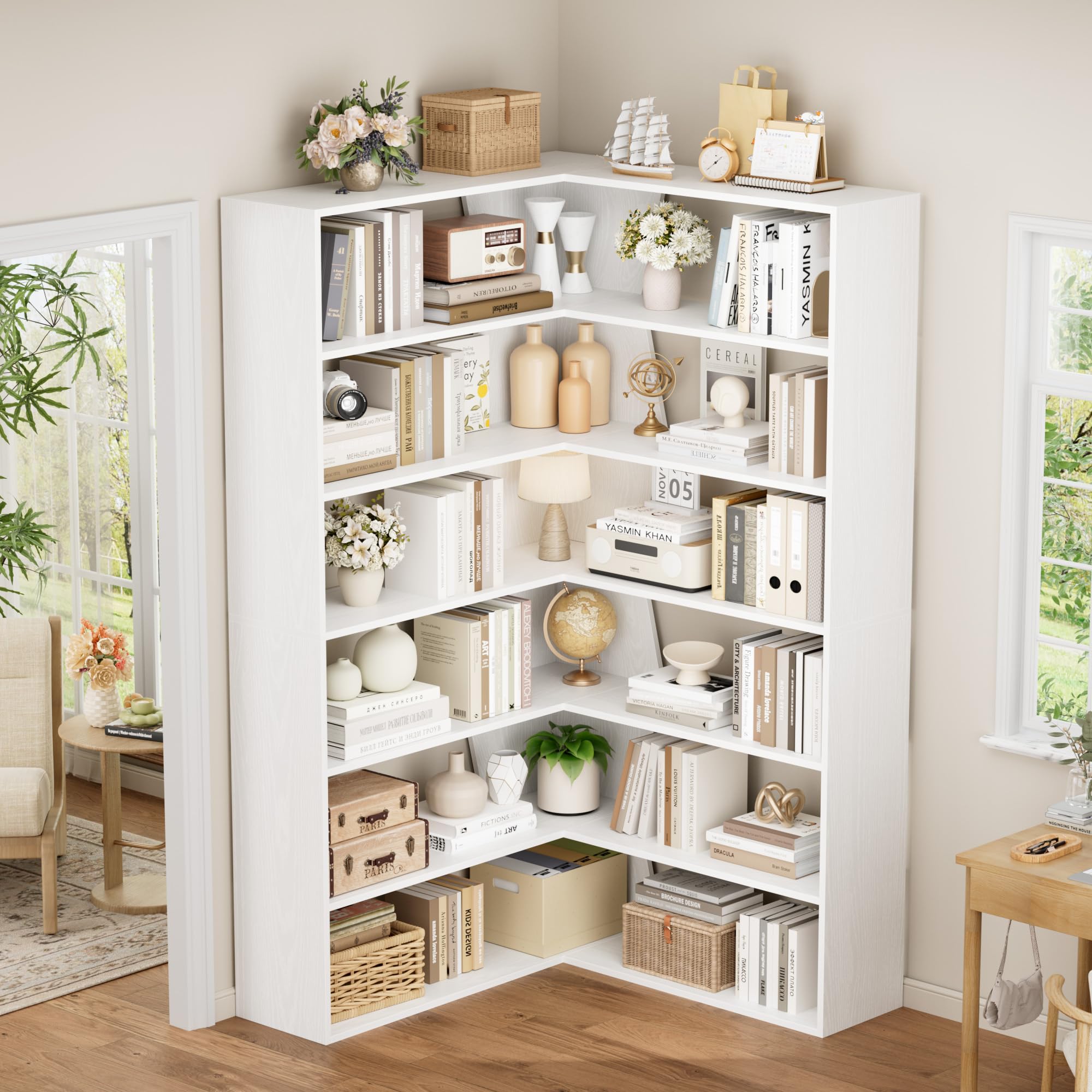 FirFurd 190.5cm Estantería Esquina 6 Niveles, Estantería Libros, Librería Salón, Estanterías Almacenaje Madera, Libreria Estanteria, con 12 Compartimentos, para Salón, Oficina, Estudio (Blanco)