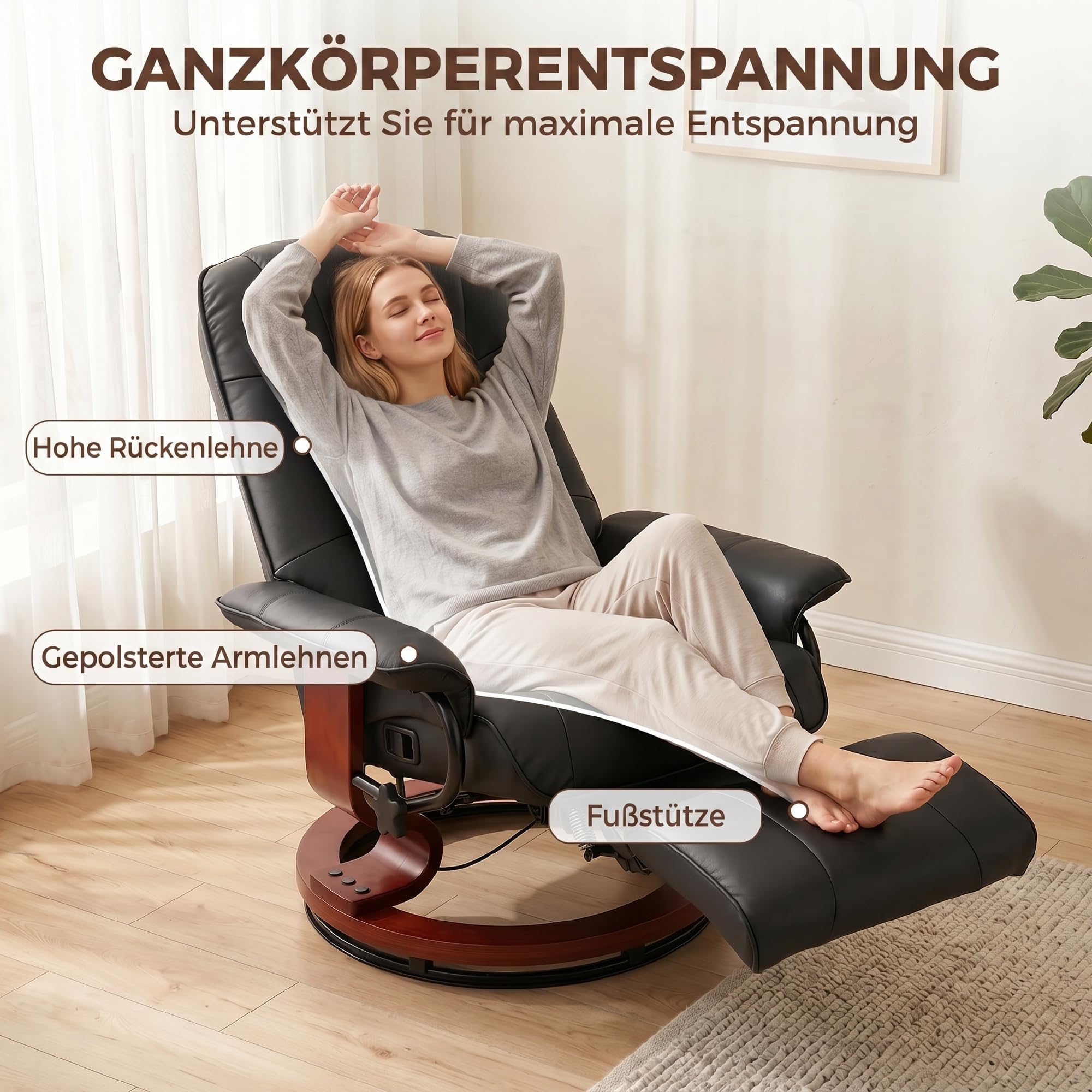 HOMCOM Fauteuil Relax Inclinable, Fauteuil de Salon, Repose-Pieds Réglable, Pivotant 360°, Piètement Bois, Revêtement Synthétique, Noir