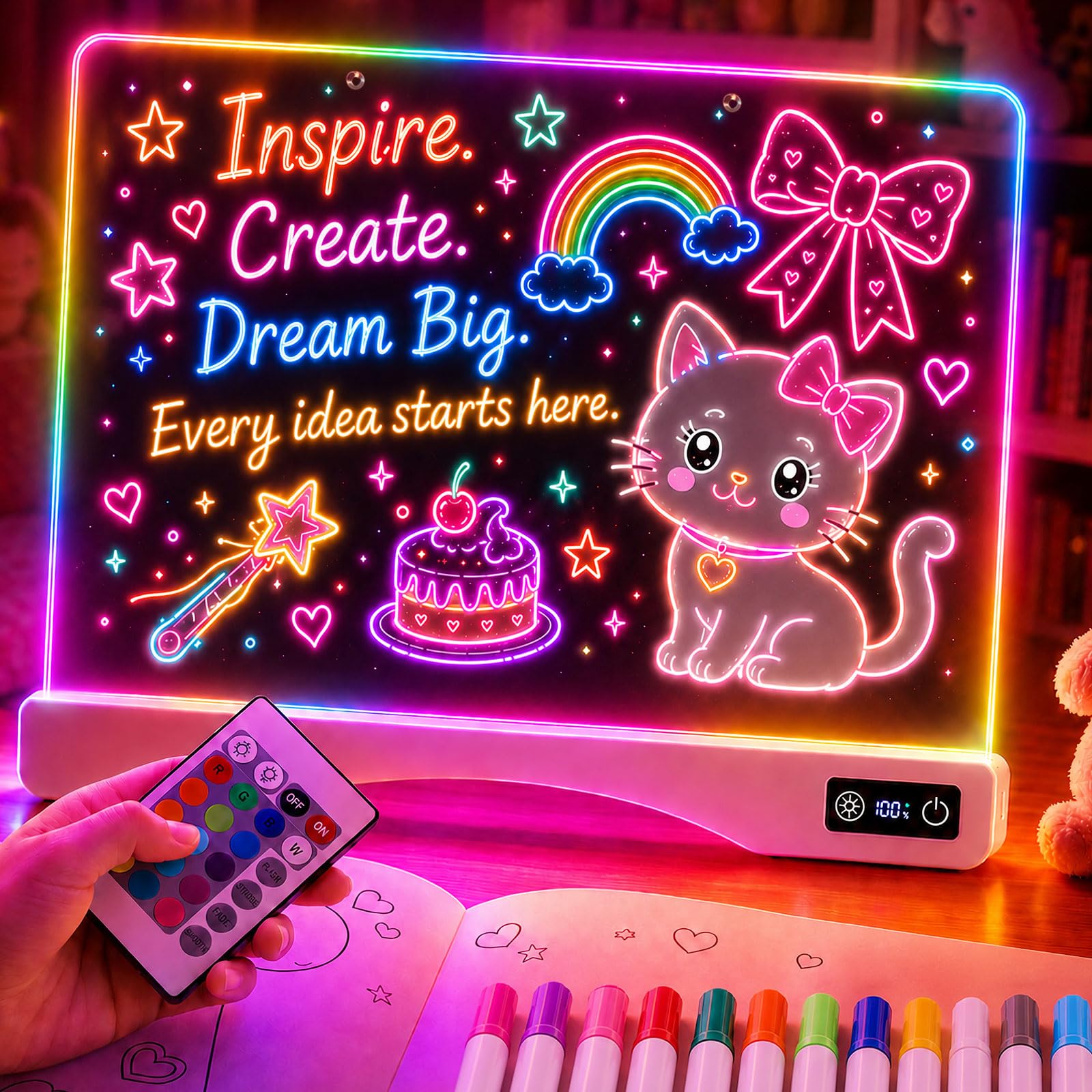Lavagna da disegno a LED ricaricabile per bambini, 40,6 cm, luminosità regolabile, con telecomando, 21 effetti di luce, in acrilico, cancellabile a secco, con 12 pennarelli, regalo di compleanno per