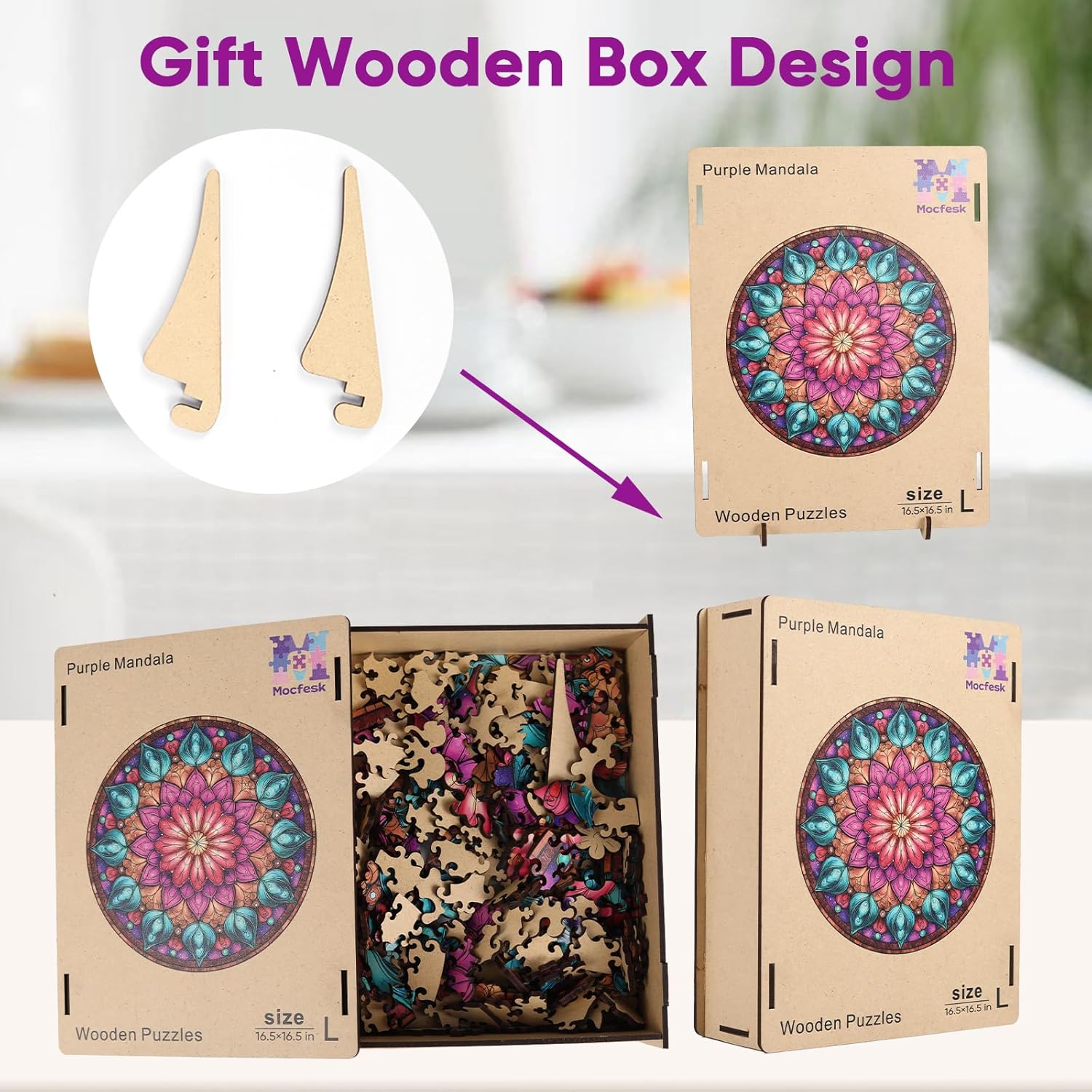 Mocfesk 500 Pieces Mandala Jigsaw Puzzles, Geometric Wooden Puzzles for Adults and Kids, Colorful Mandala Puzzles for Grandparents, Family Decor with Exquisite Wooden Box Packaging 16.5'' x 16.5''