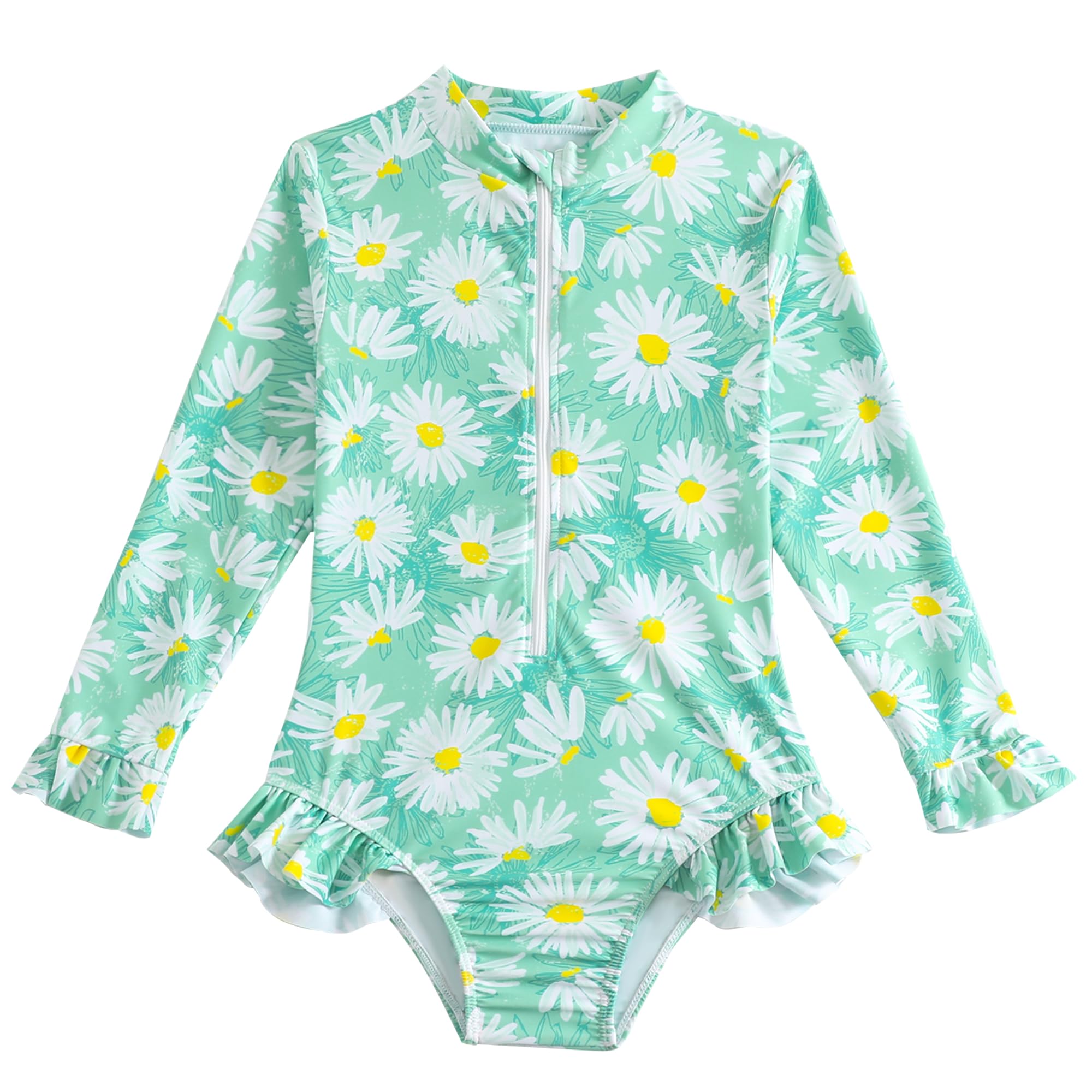 JZyangmei Girls Rash Guard Swimsuit Toddler Long Sleeve Swimsuit Girl One Piece Cute Swimsuits Green Daisy Bathing Suit 5t 4t Swimsuits Girls