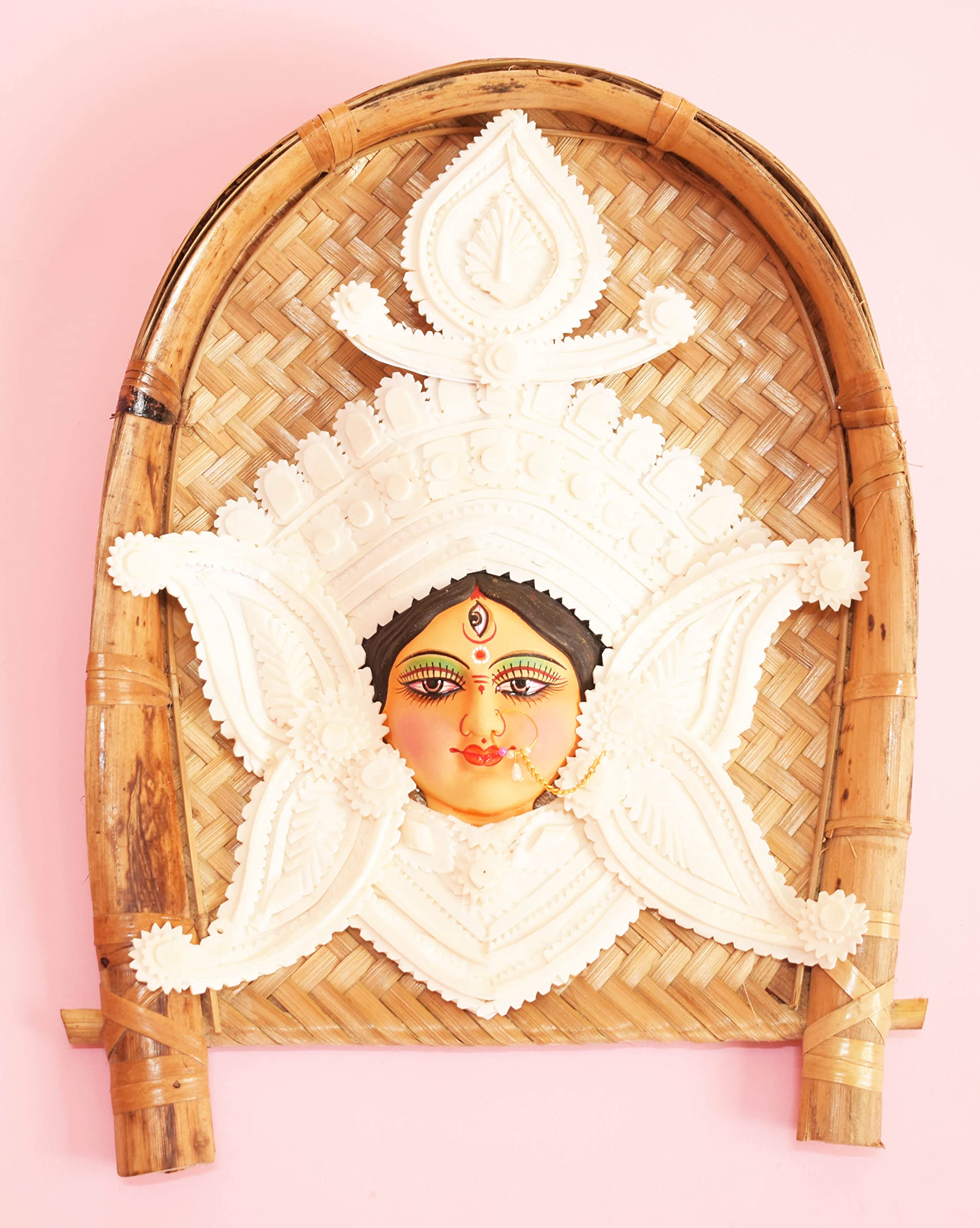 Maa Durga Clay Wall Hanging on Bamboo Kulo, Shola Saaj