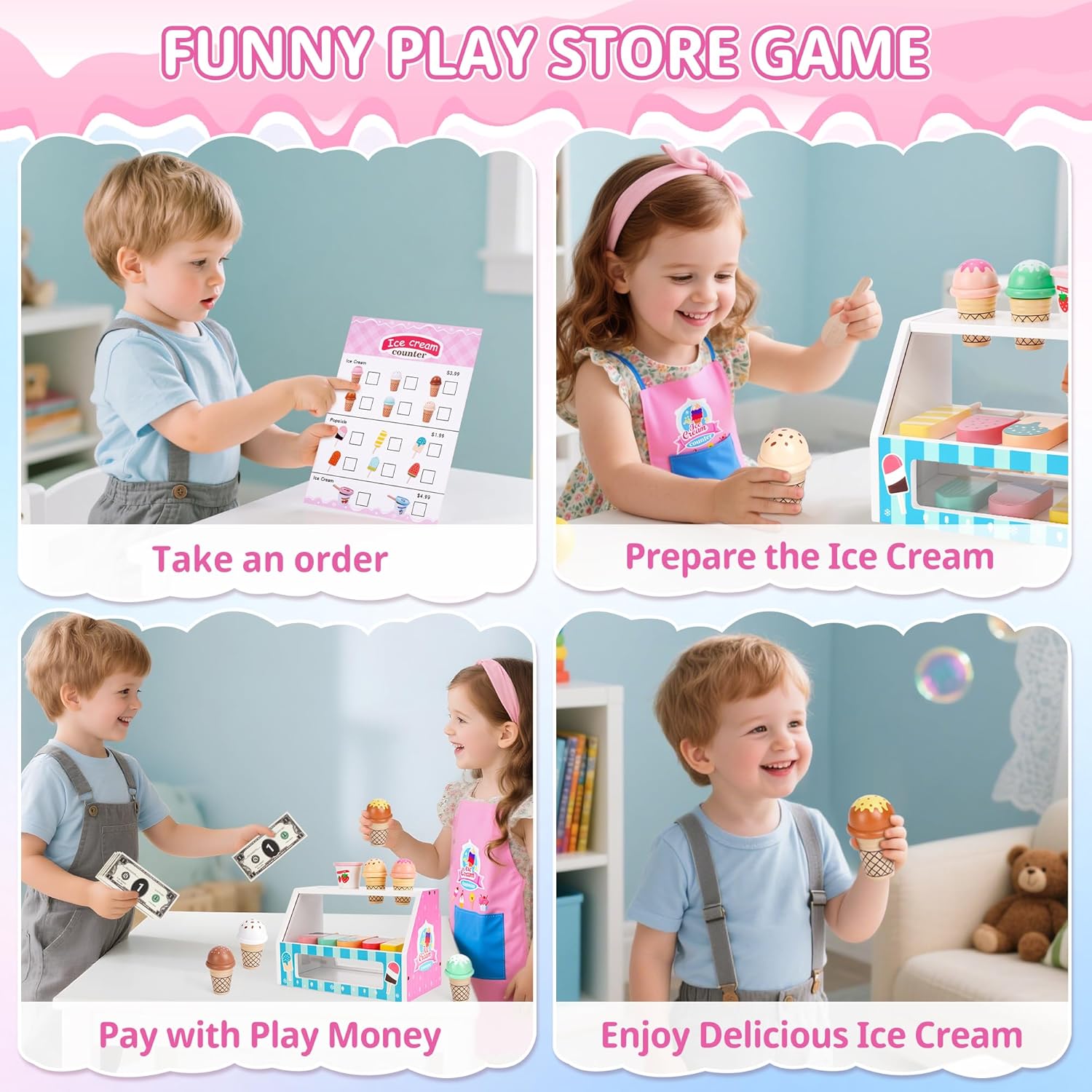 Ice Cream Toy, Wooden Ice Cream Play Set with Aprons, Fake Money, Scoop, Menu, Ice Cream Toys Pretend Play Toys for Girls Boys, Wooden Play Food Set Toy Kitchen Gifts for 3 4 5 6 Year Old Toddlers