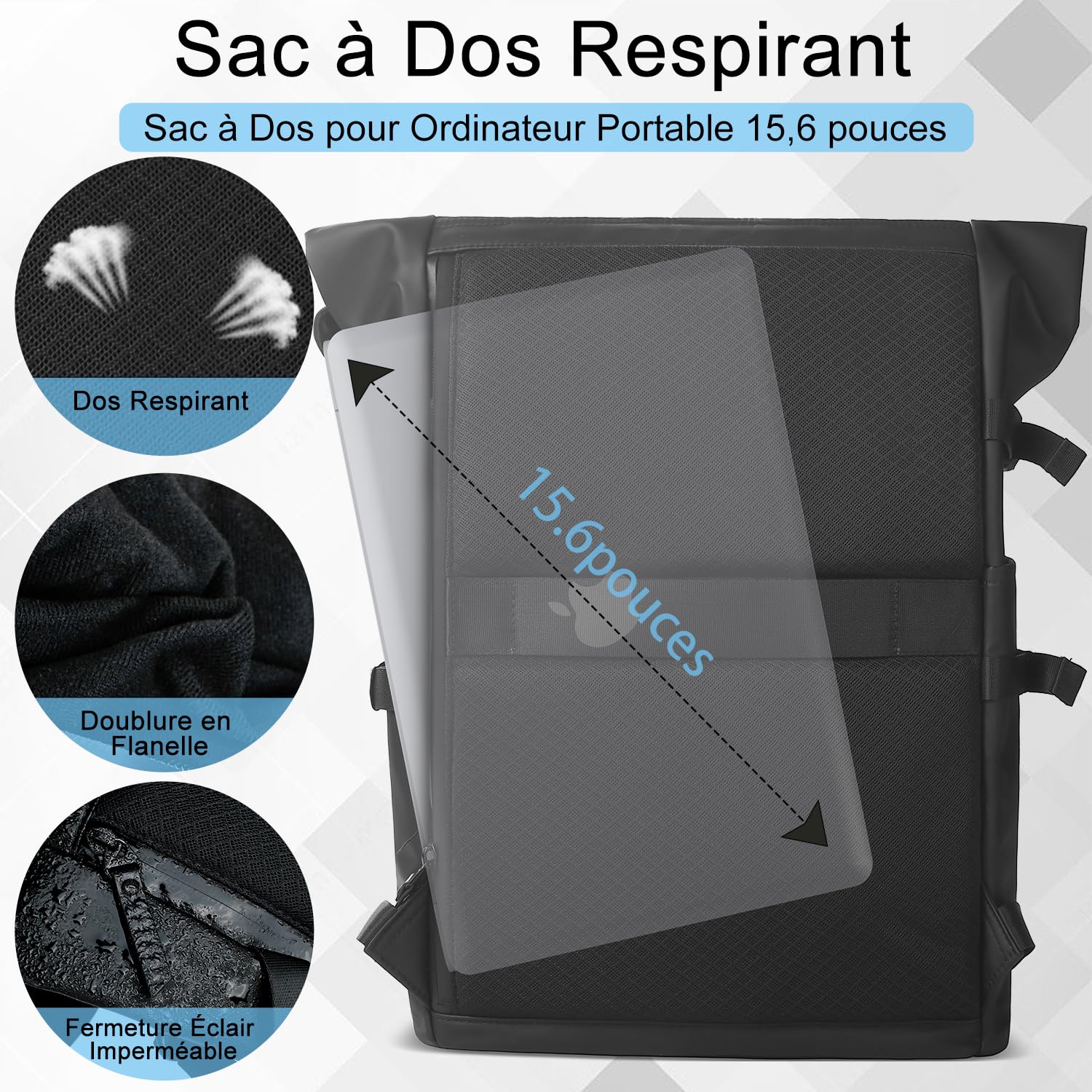hk Sac a Dos Extensible 27L Sac Roll-Top Etanche Grand Sac a Dos PC Portable 15.6 Pouces avec USB Charging Port Pour Hommes Femmes Loisir Randonnée Camping Voyage