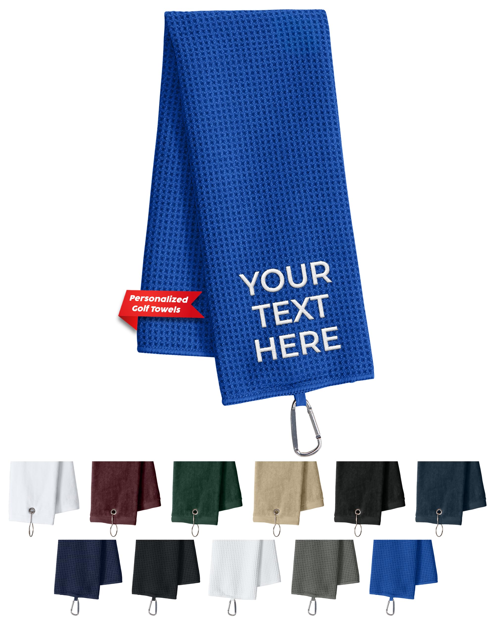 Custom Golf Towel for Golf Bags, Balls, Royal Blue - Add Your Embroidered Name - Personalized Trifold Golf Bag Towels with Clip, for Men and Women