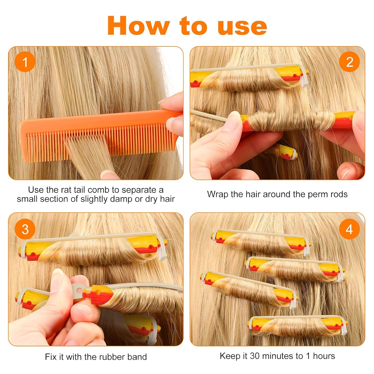 24pcs Perm Rods for Short Hair with Rubber Bands Hollow Spiral Hair Rollers in Red and Yellow Salon Cold Wave Curling Tools