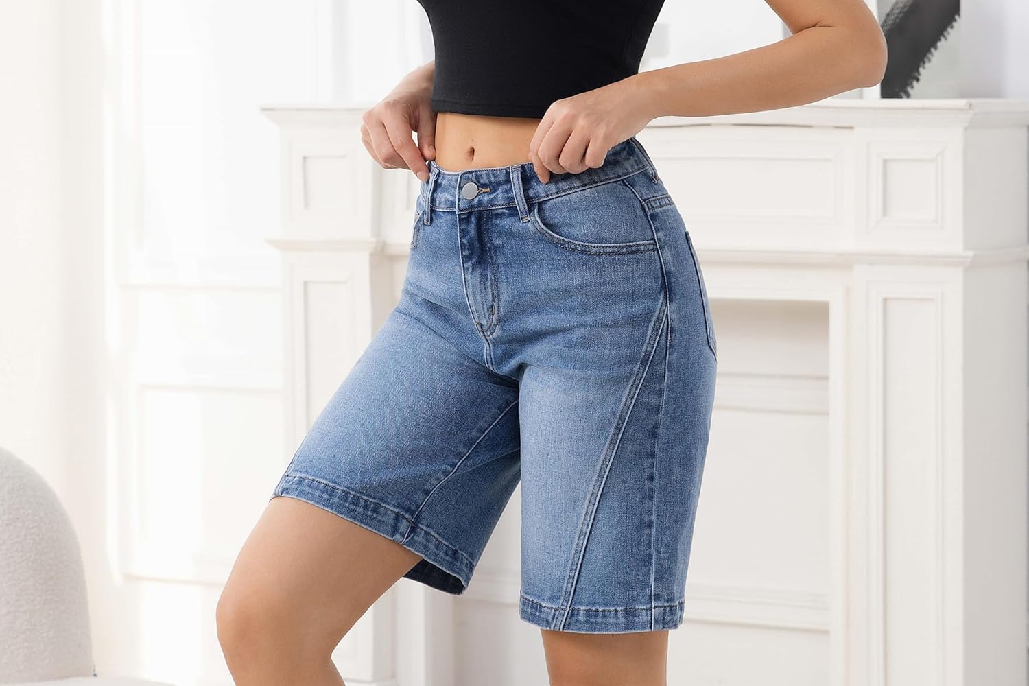 Bermuda Shorts for Women High Waisted Causal Stretch Denim Shorts Knee Length Summer Jorts